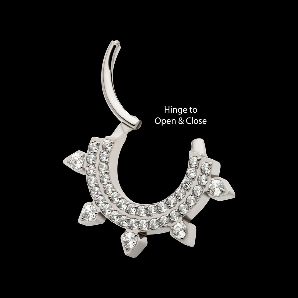 Double Row CNC Set Round CZ with 5 Round CZ Spike Edge Front Facing Hinged Segment Clicker Hoop Earring / Nosering – Titanium