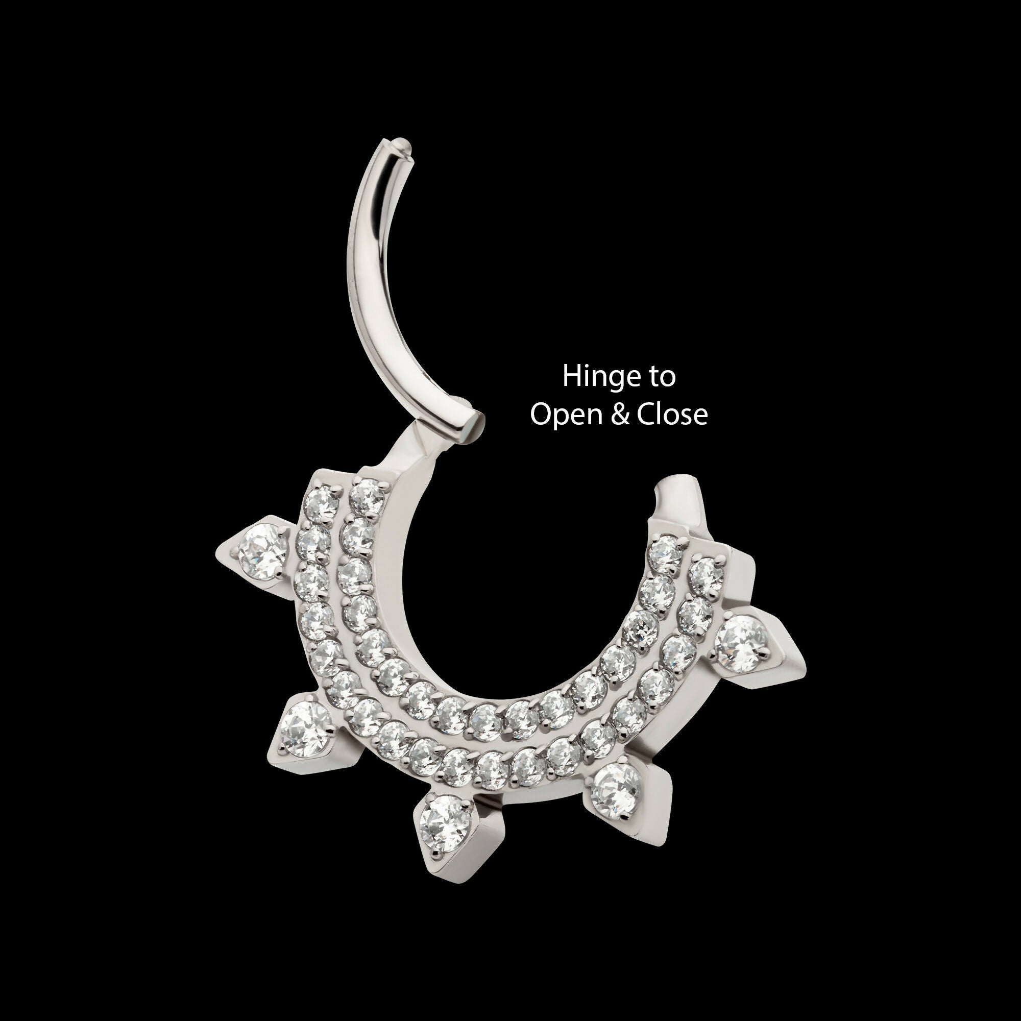 Double Row CNC Set Round CZ with 5 Round CZ Spike Edge Front Facing Hinged Segment Clicker Hoop Earring / Nosering – Titanium