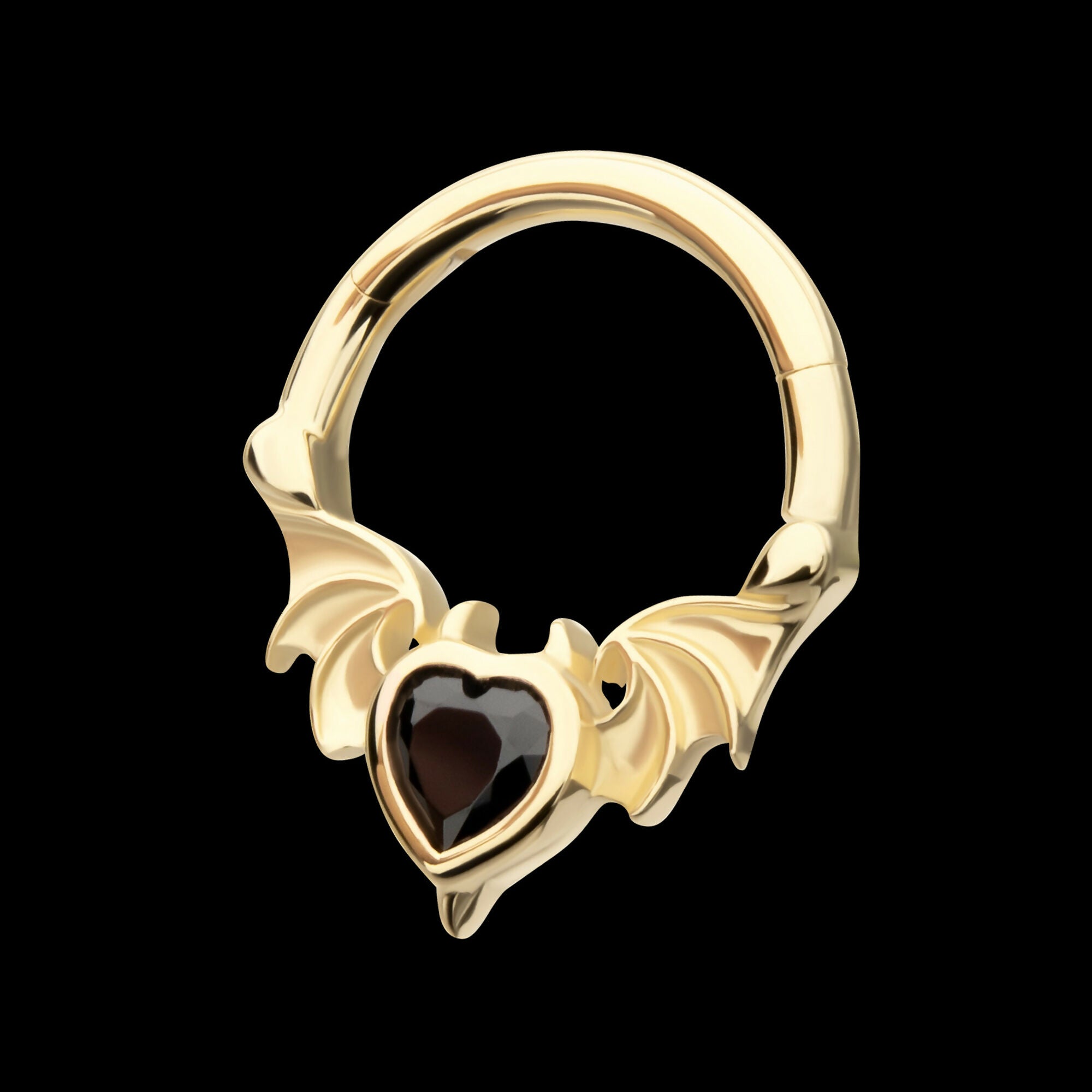 Carved Bat Wings with Devil Heart Bezel Gem Front Facing Hinged Segment Clicker Hoop Earring / Nosering – 14Kt Yellow Gold
