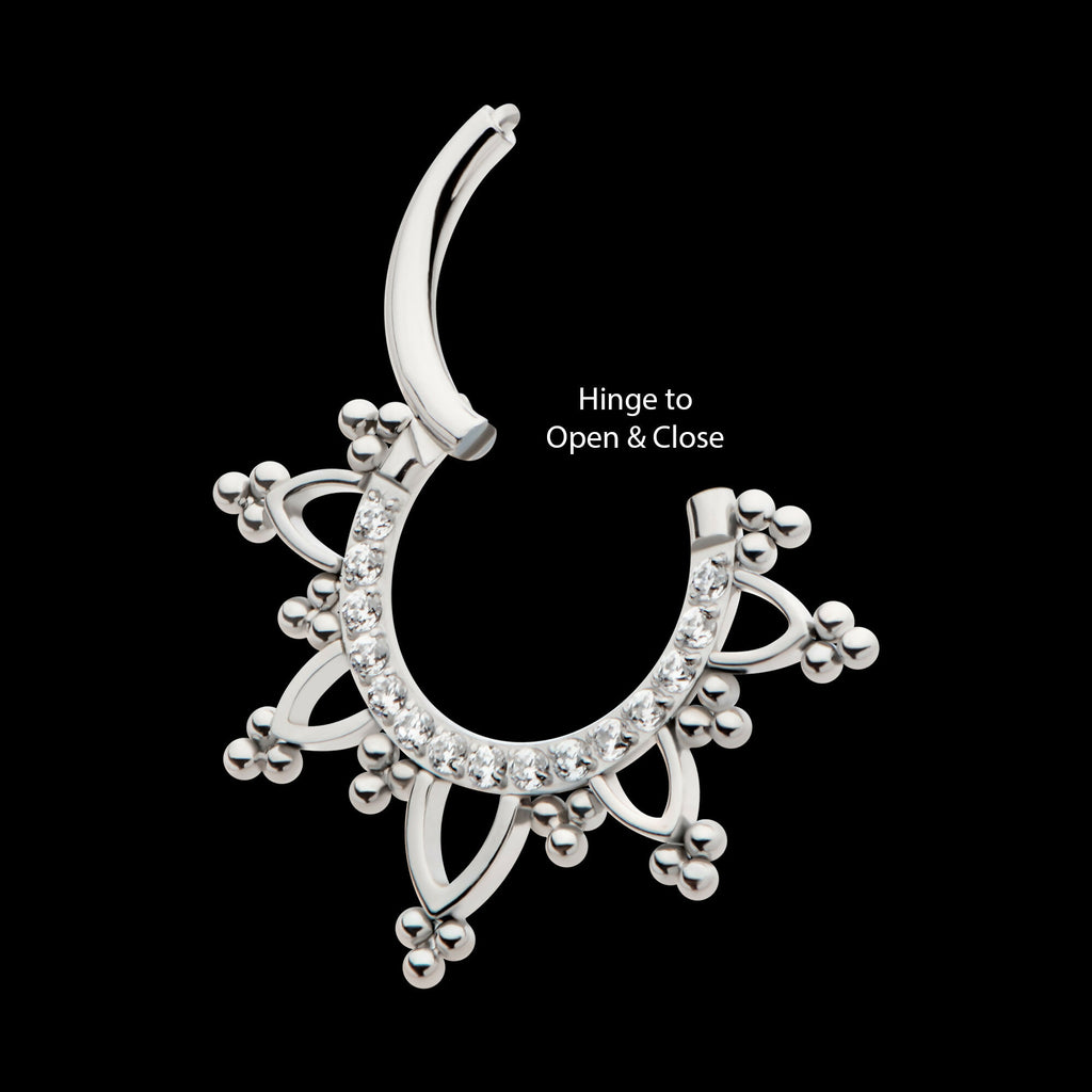 Pave Set Round CZ with Tri Beads Front Facing Hinged Segment Clicker Hoop Earring / Nosering – Titanium