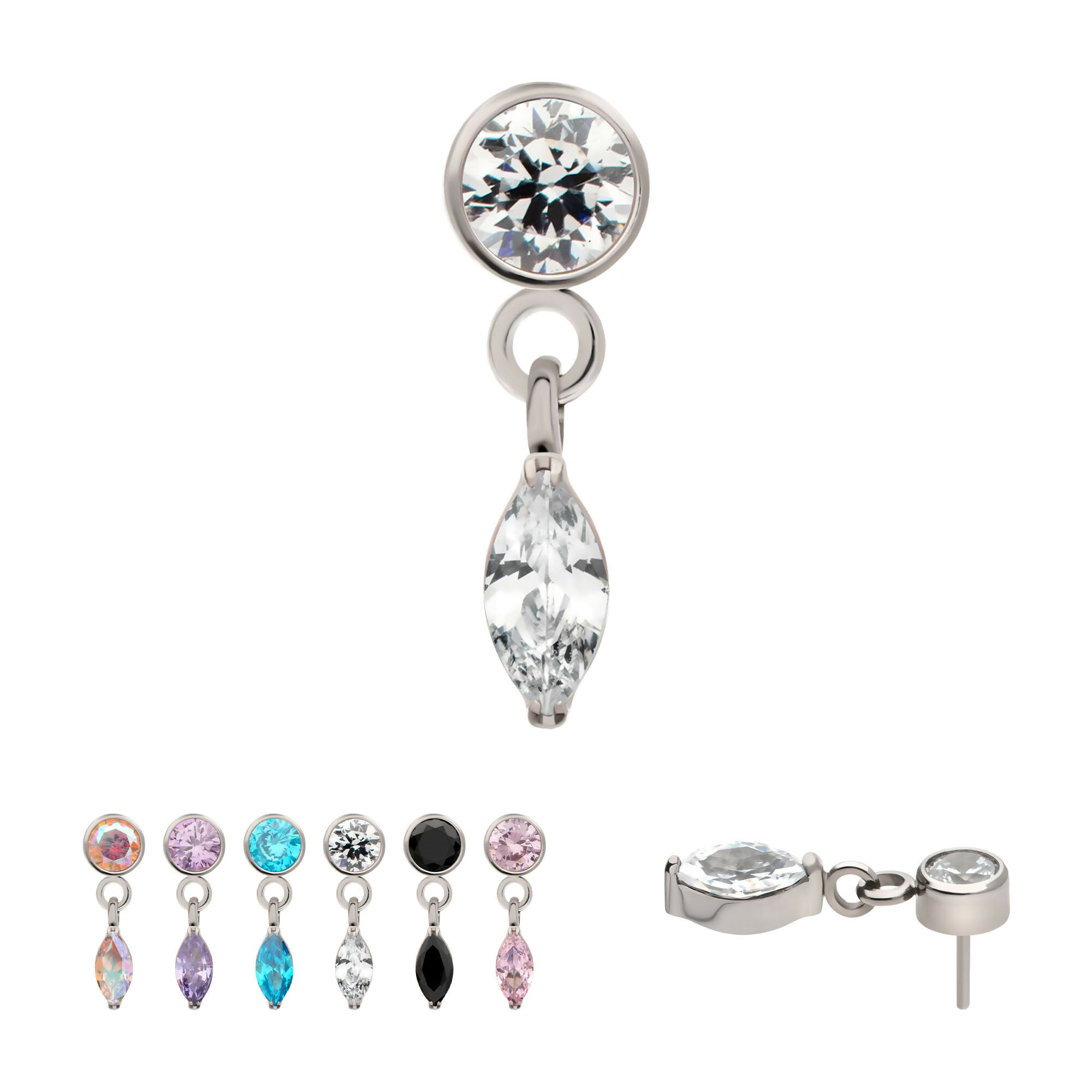 Bezel Gem with Marquise Dangle Flatback Stud Earring / Nosering - Gem in Titanium