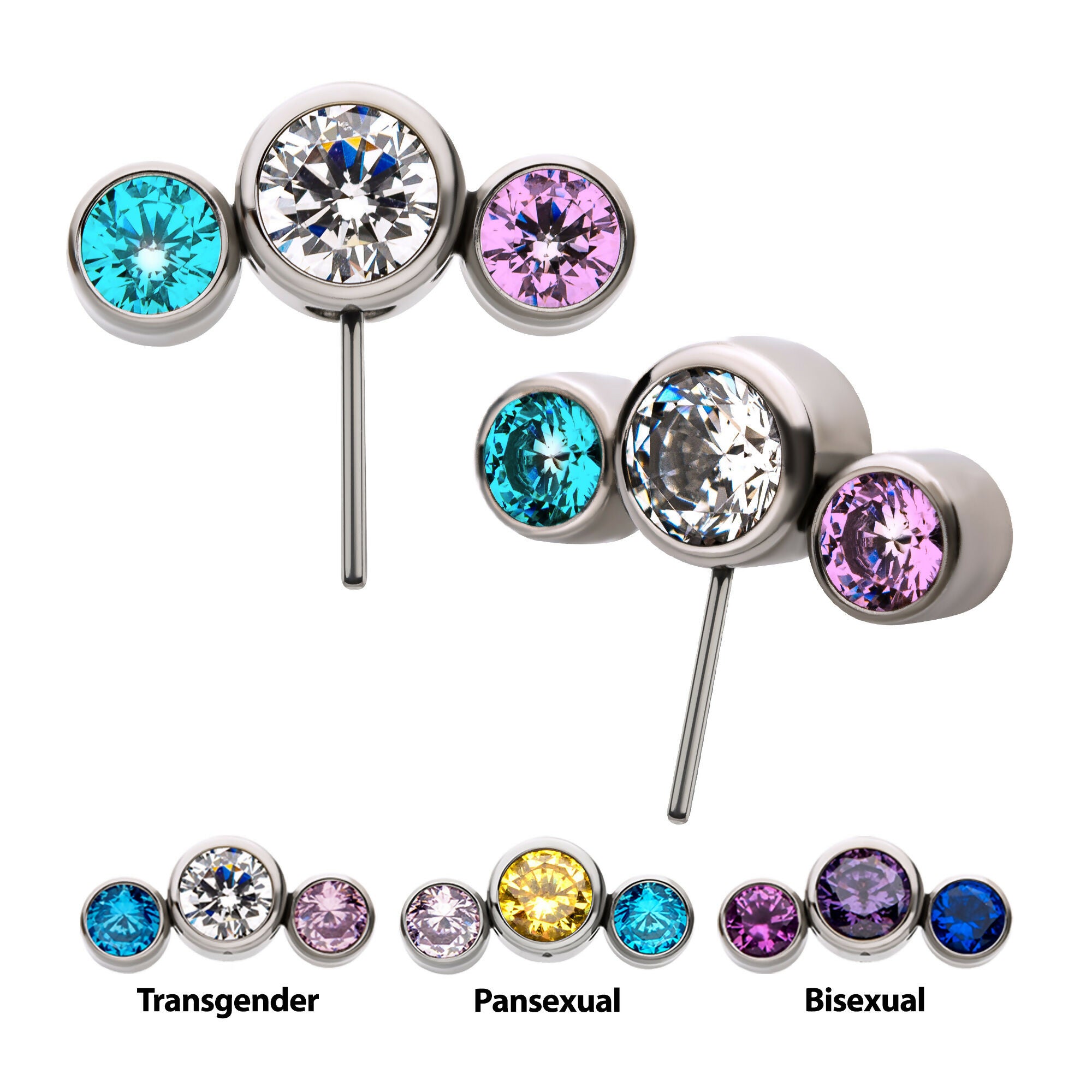 Bi-Trans-Pan Bezel Set CZ 3-Cluster Side Facing Flatback Stud Earring / Nosering - CZ in Titanium