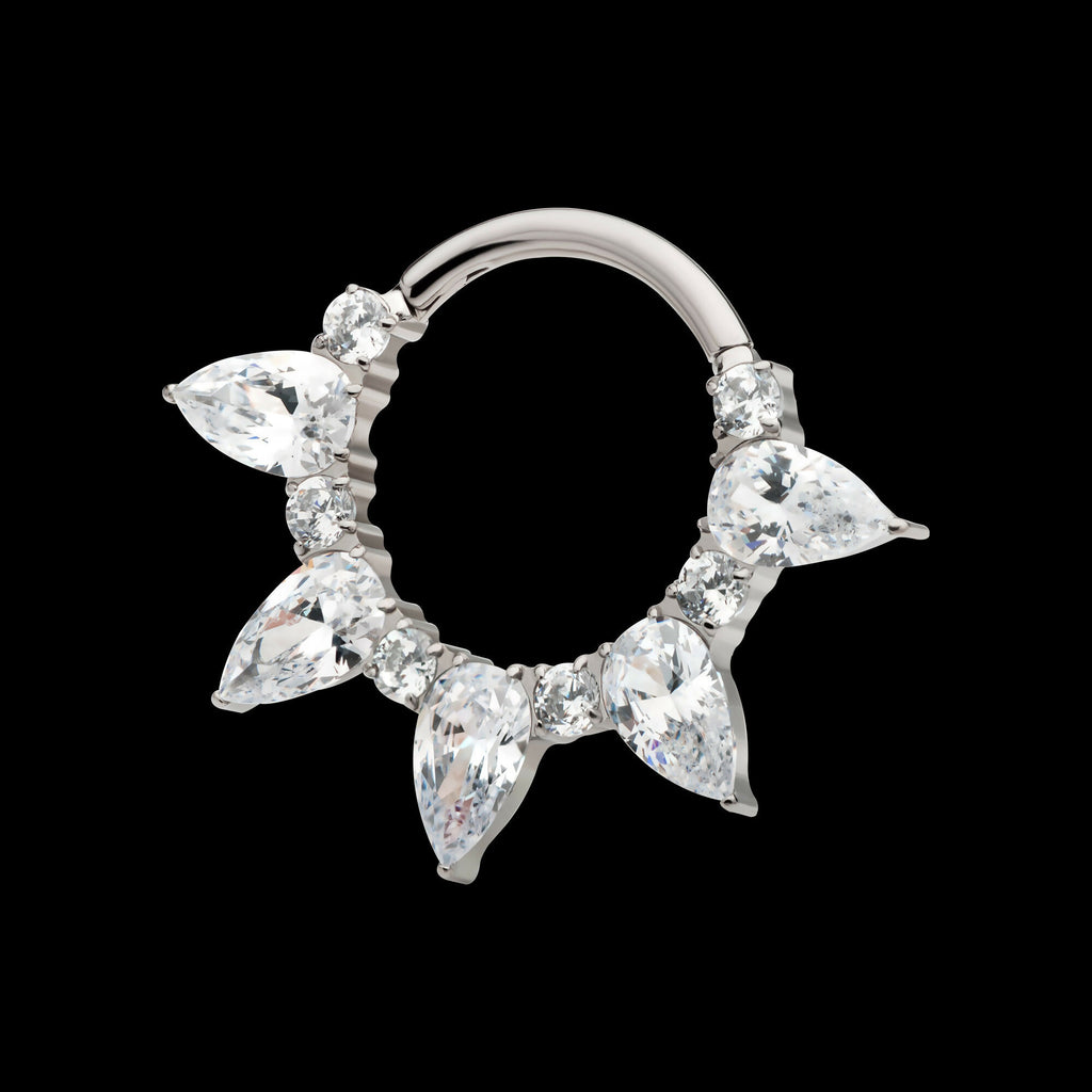 Clustered Prong Set Round & Teardrop CZ Front Facing Hinged Segment Clicker Hoop Earring / Nosering – Titanium