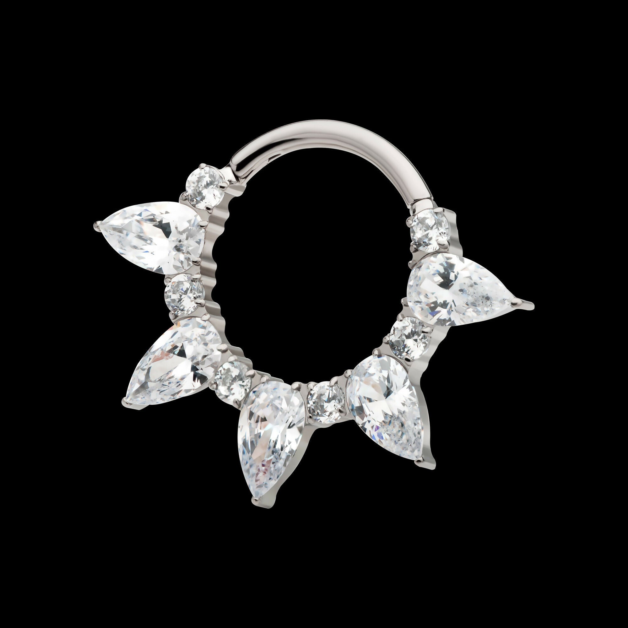 Clustered Prong Set Round & Teardrop CZ Front Facing Hinged Segment Clicker Hoop Earring / Nosering – Titanium