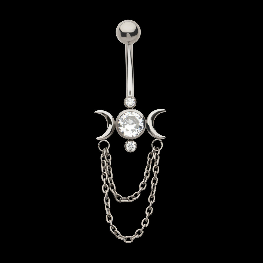 Internally Threaded Bezel Set Round Gem Triple Moon Phase Navel with 2-Tier Chain Dangle Earring / Nosering – Titanium