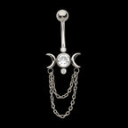 Internally Threaded Bezel Set Round Gem Triple Moon Phase Navel with 2-Tier Chain Dangle Earring / Nosering – Titanium