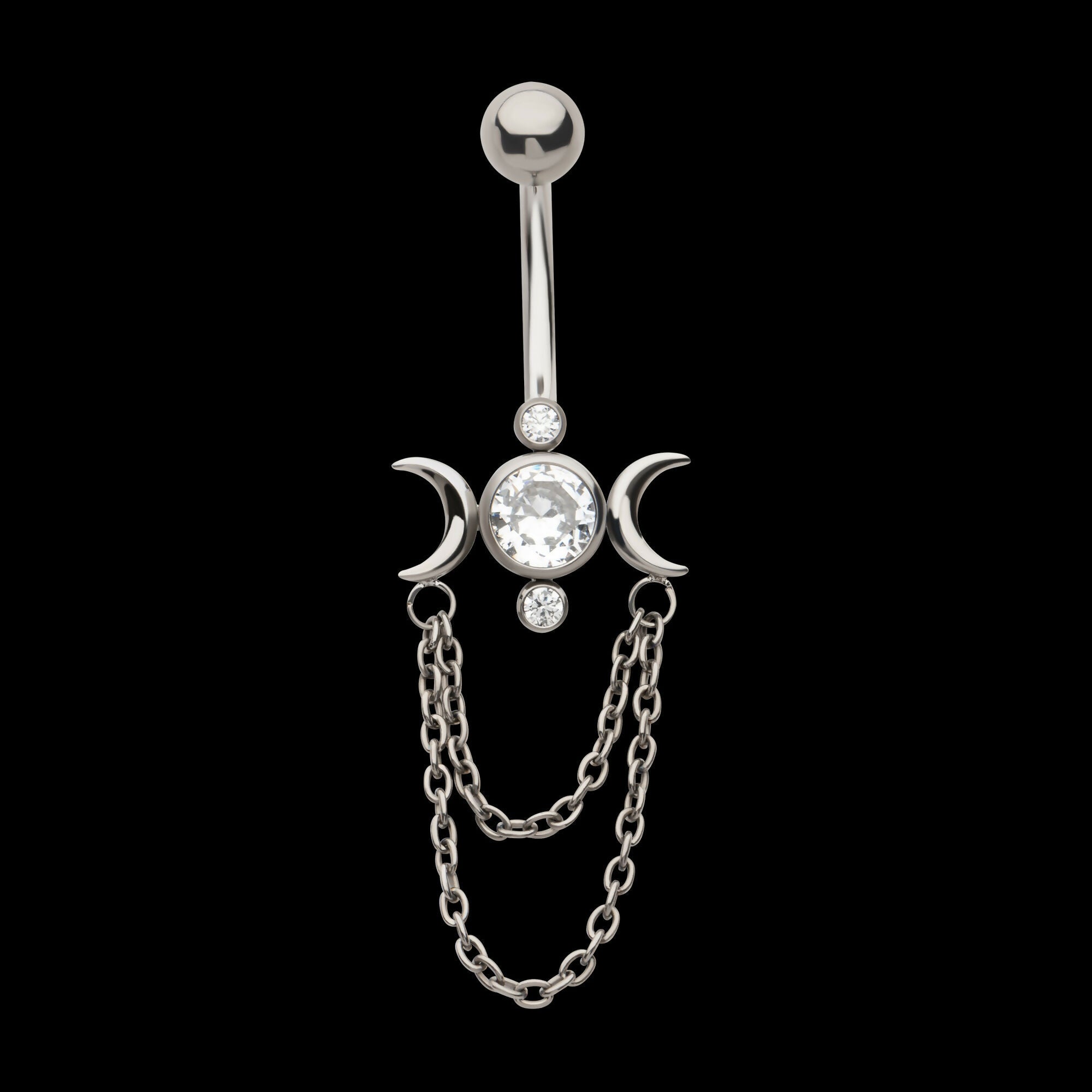 Internally Threaded Bezel Set Round Gem Triple Moon Phase Navel with 2-Tier Chain Dangle Earring / Nosering – Titanium