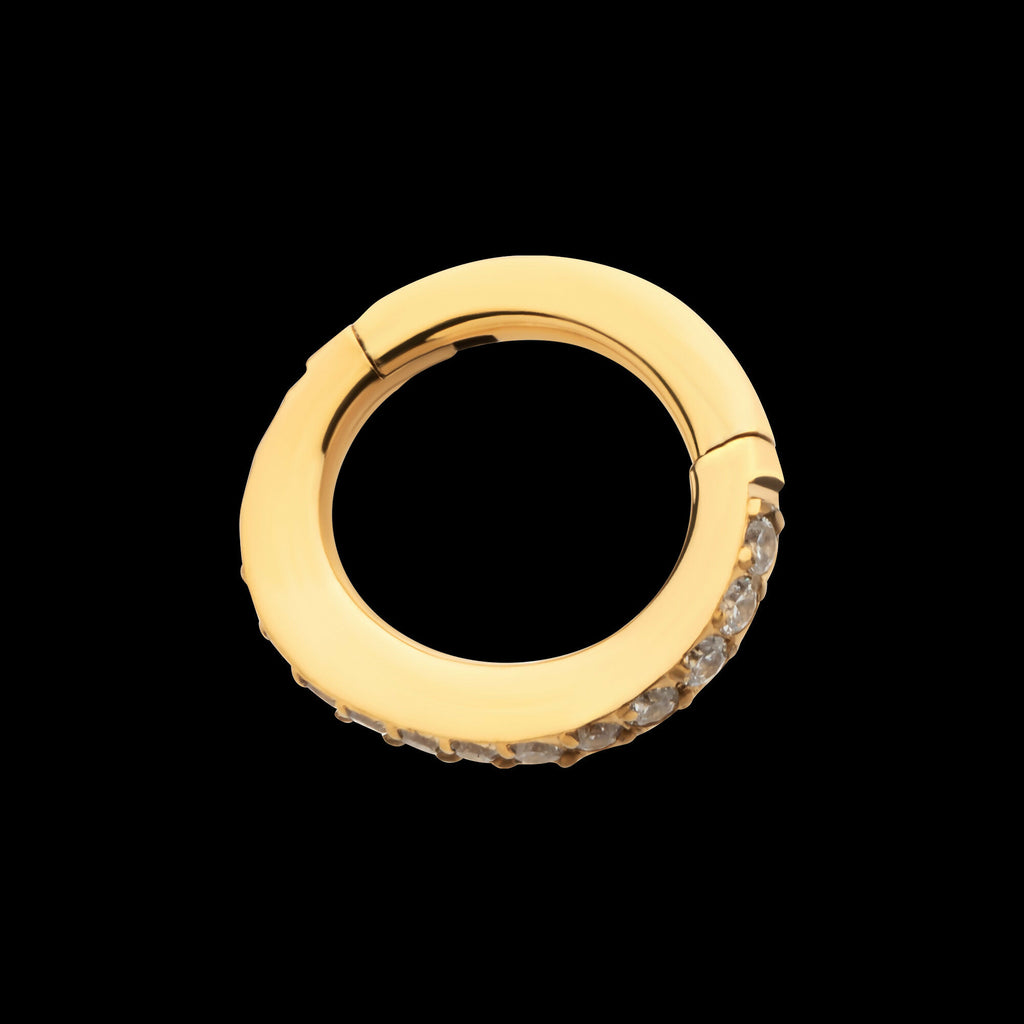 14g 24Kt Gold PVD Titanium Oval Shape with CNC Set Full Clear CZ Hinged Segment Clicker (for Navel Piercing) Hoop Earring / Nosering