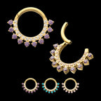 24Kt Gold PVD Titanium Double Row CZ Multi-Gem with Clear CNC Set Inner Gem Front Facing Hinged Segment Clicker Hoop Earring / Nosering