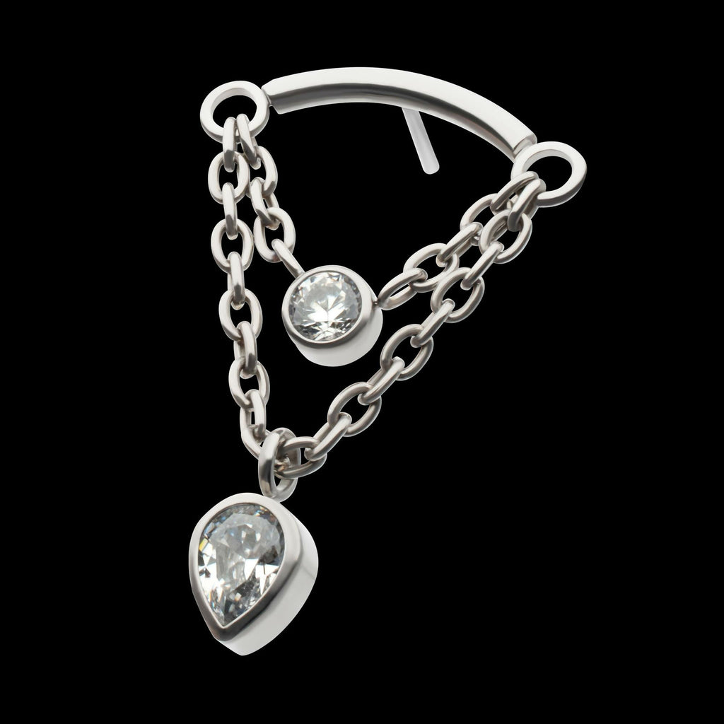 Titanium Threadless 2-Tier Dangle Chain Curved Bar Top with Bezel Round & Teadrop CZ