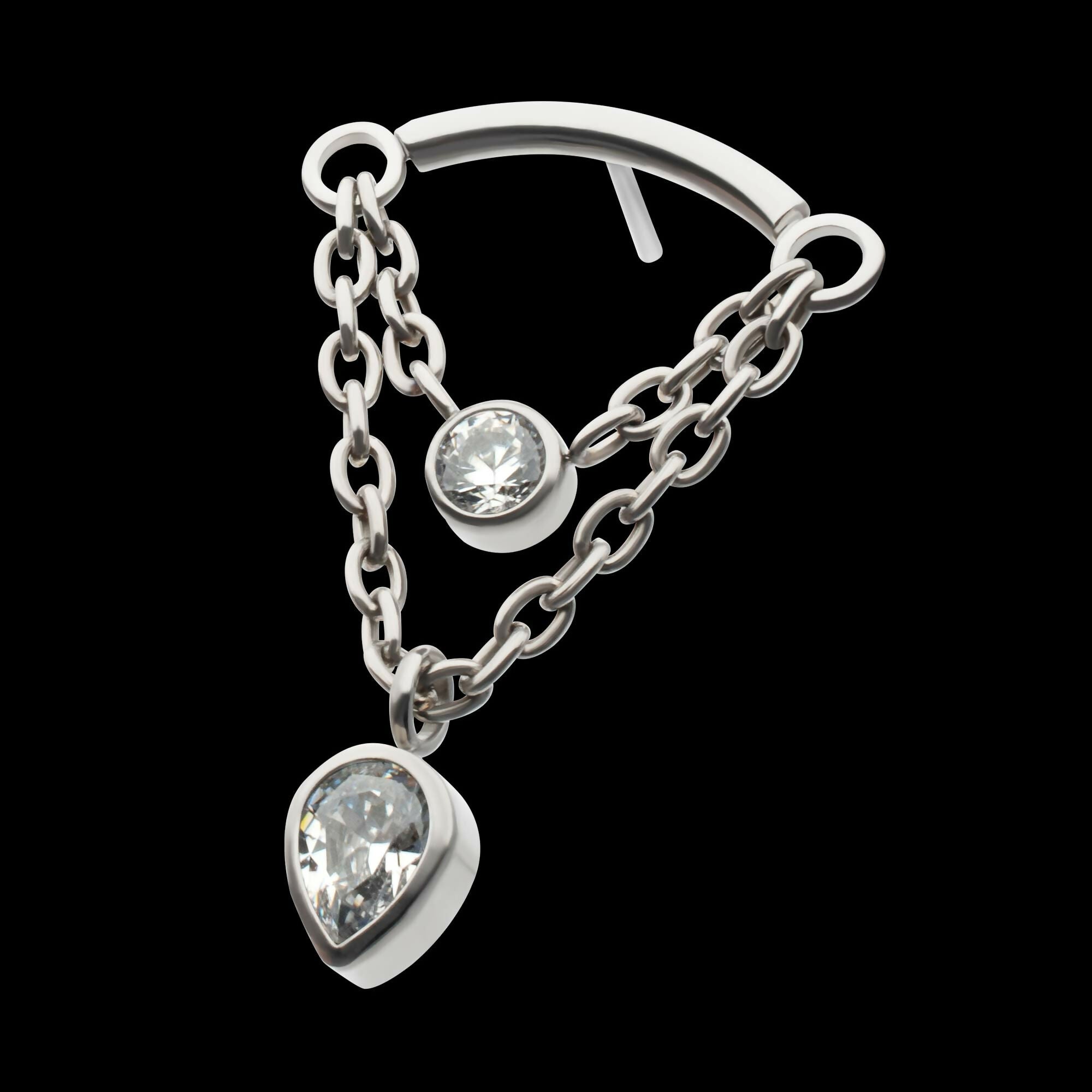 Titanium Threadless 2-Tier Dangle Chain Curved Bar Top with Bezel Round & Teadrop CZ