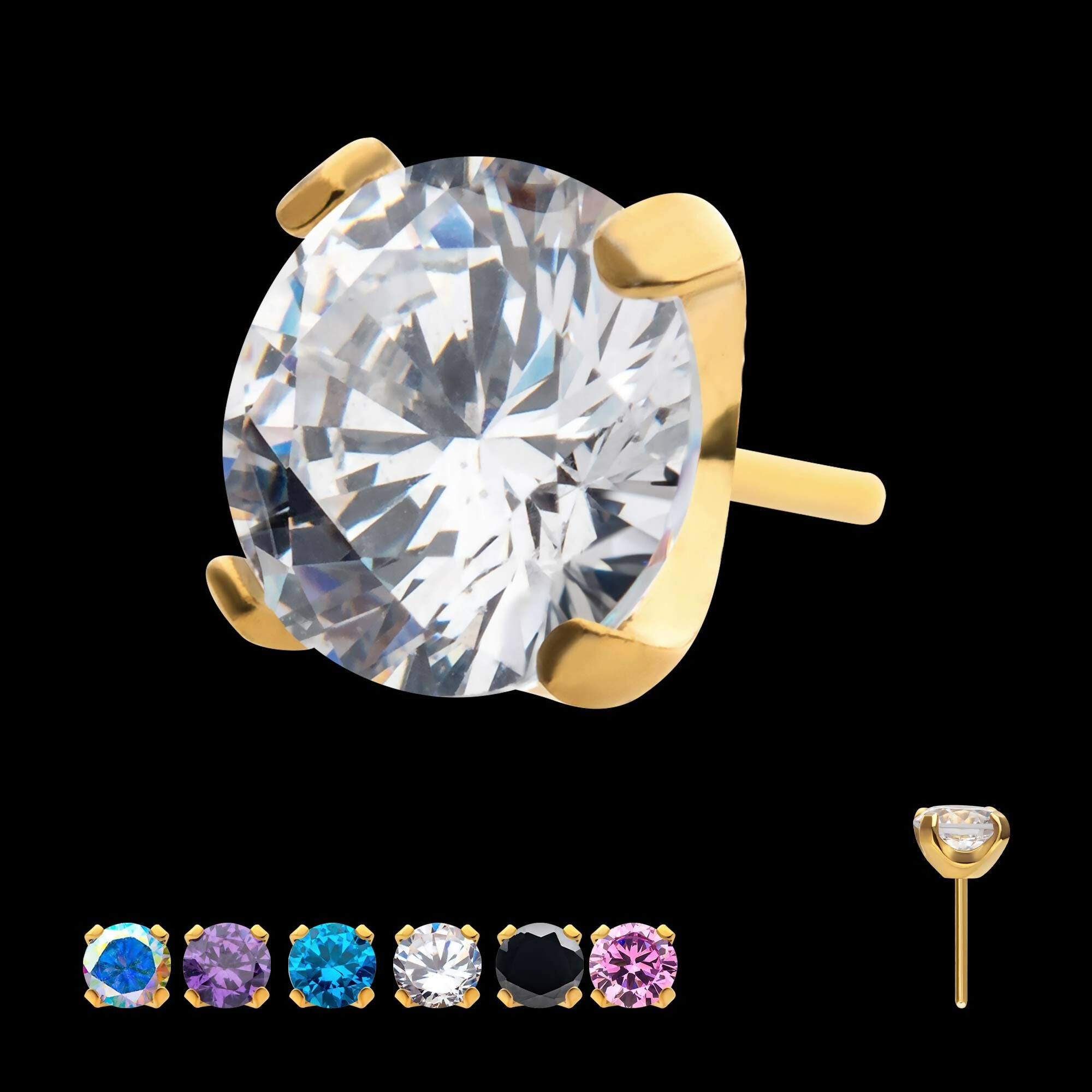 24KT Gold PVD Titanium Threadless Low Profile 4-Prong Round Gem Top