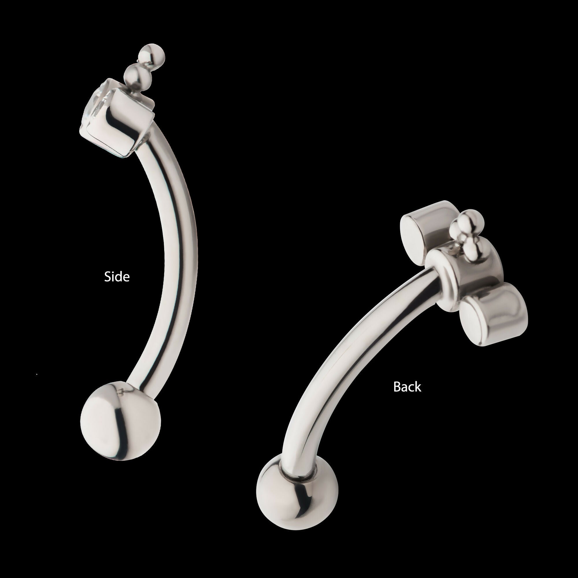 Internally Threaded with Tri Bead & 3-Cluster Bezel Set Clear AAA CZ Fixed Top Curved Barbell Earring / Nosering – Titanium