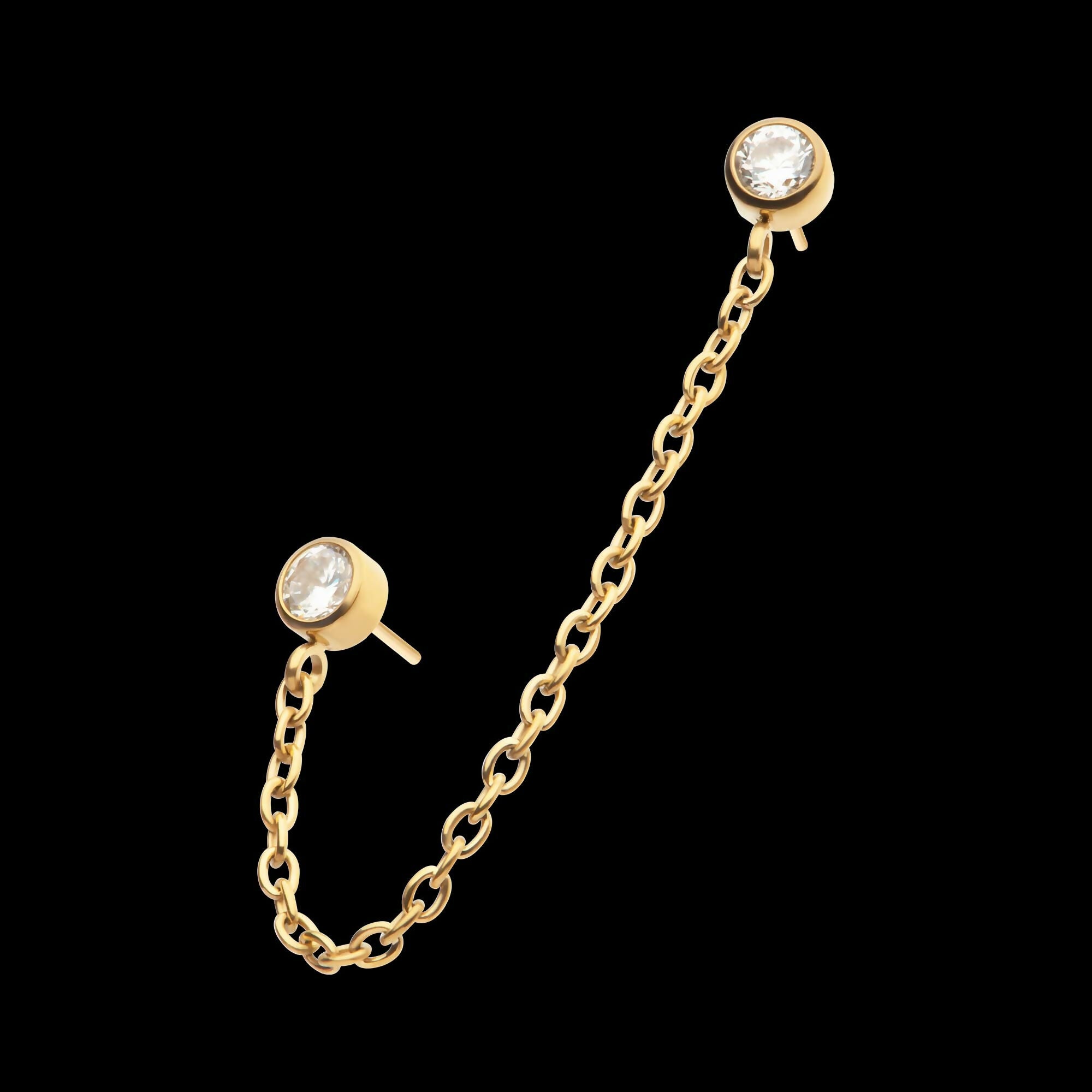 24Kt Gold PVD Titanium Threadless Duo Bezel Round CZ with Rolo Chain Dangle Tops