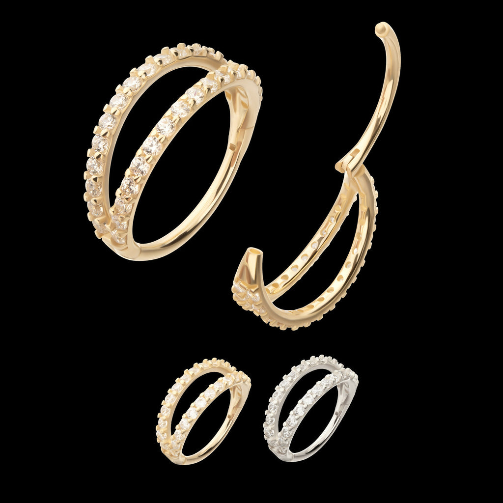 Double Hoop with CNC Set Full Gem Side Facing Hinged Segment Clicker Earring / Nosering – 14Kt Gold