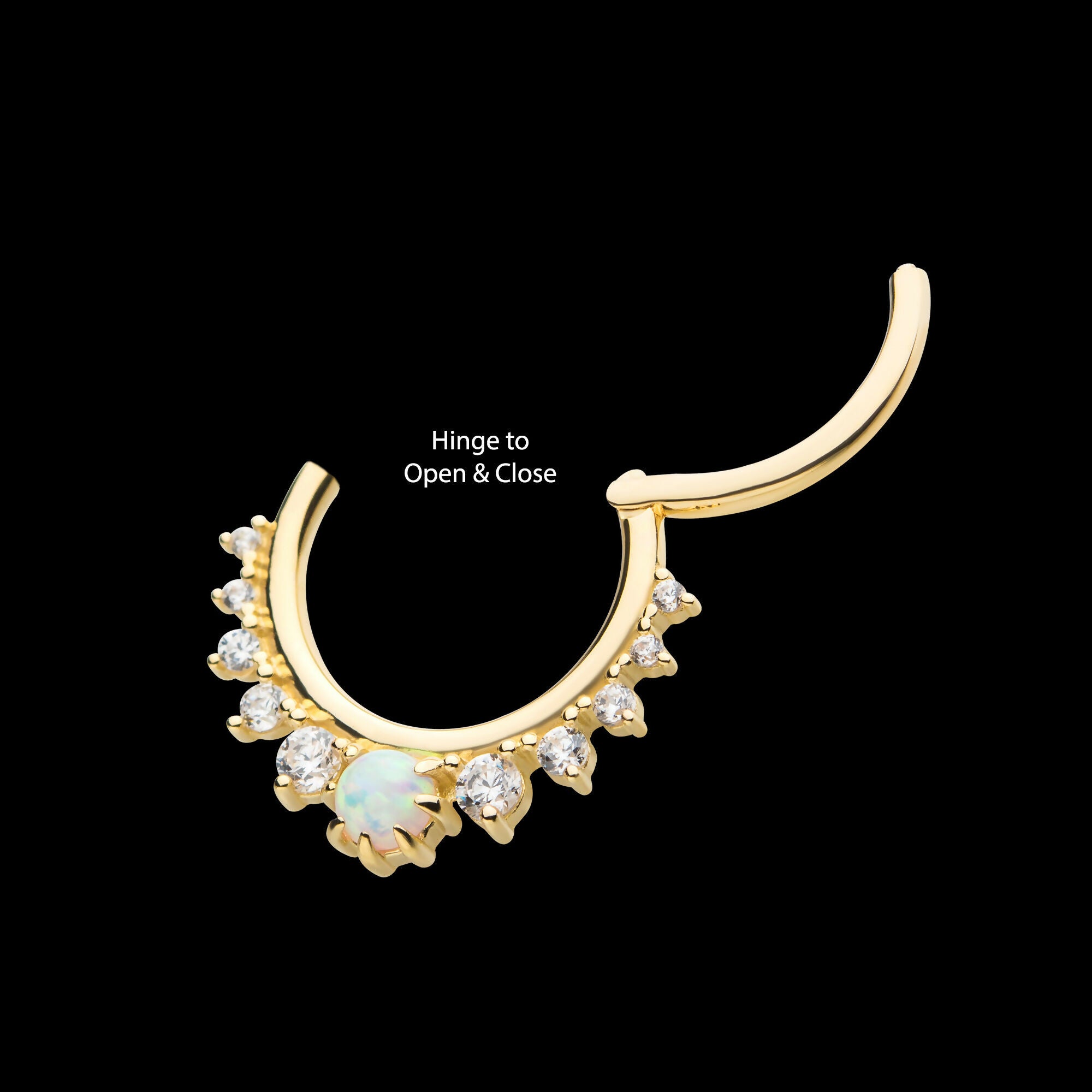 Prong Set Gem Cluster with 3mm White Opal Front Facing Hinged Segment Clicker Hoop Earring / Nosering – 14Kt Gold