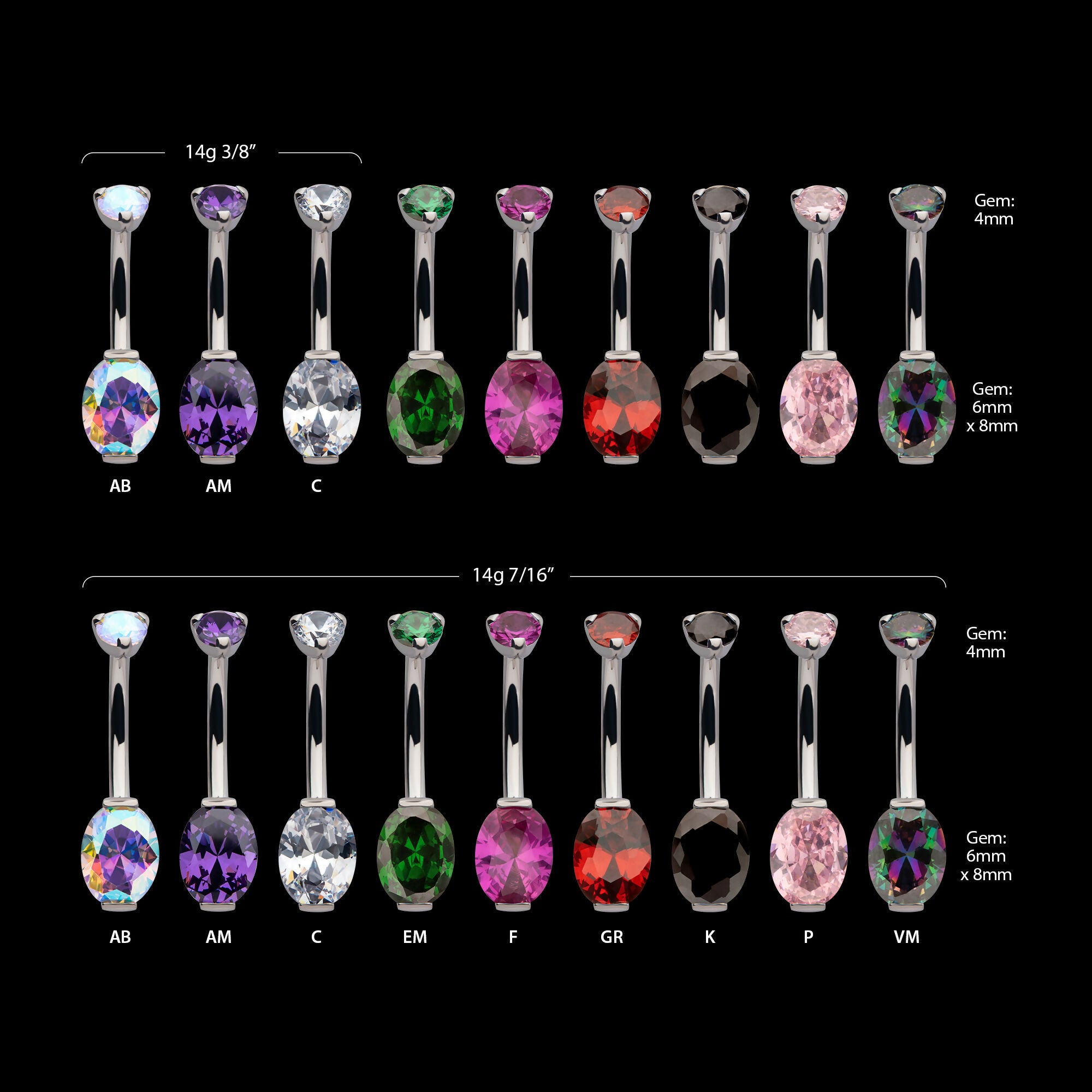 Internally Threaded Double Gem with Prong Set Oval Fixed Bottom Navel Earring / Nosering – Titanium