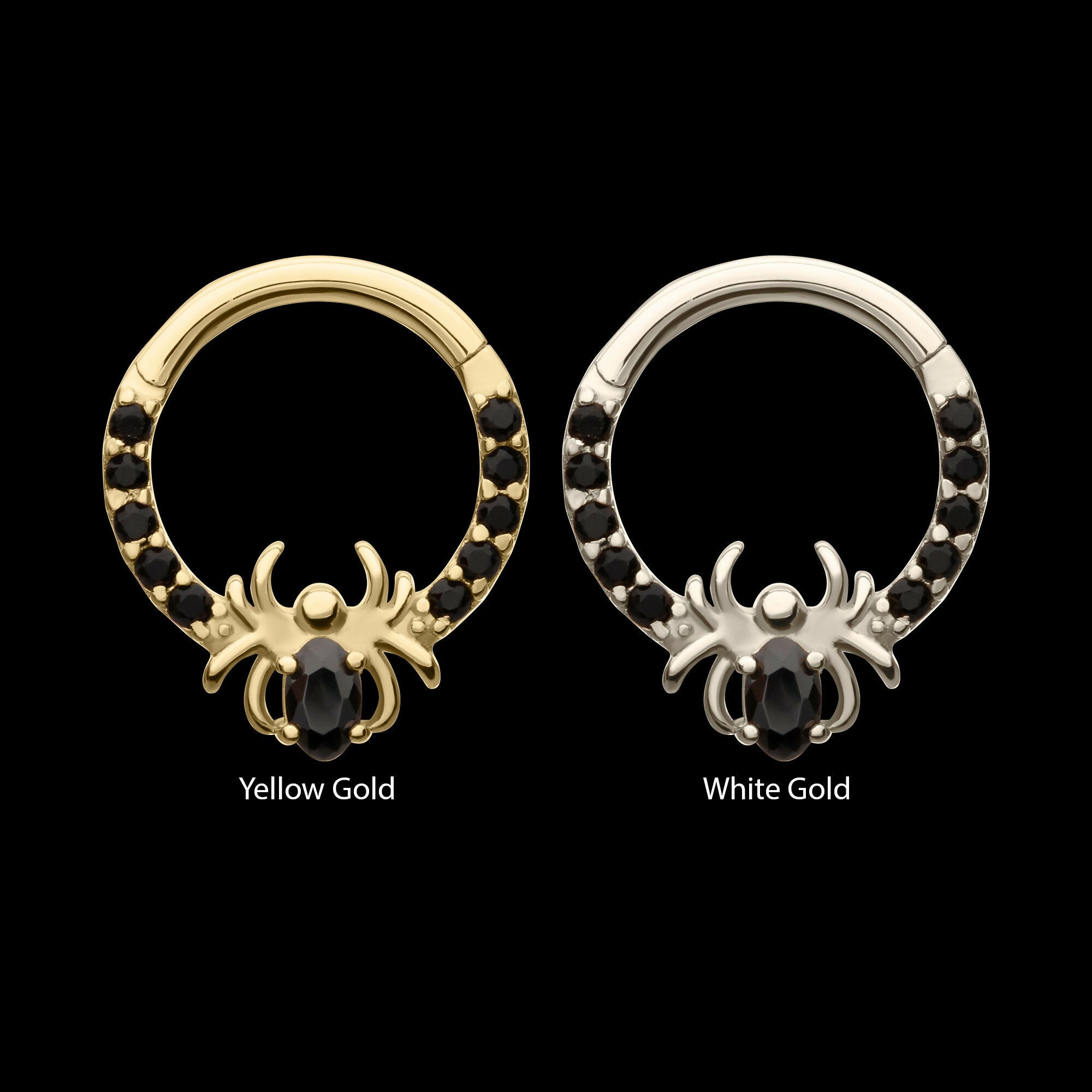 Gem Hoop with Prong Set Black Gem Spider Front Facing Hinged Segment Clicker Earring / Nosering – 14Kt Gold