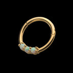 Prong Set Clear CZ/White Synthetic Opal 3-Cluster Front Facing Hinged Segment Clicker Hoop Earring / Nosering – 14Kt Yellow Gold