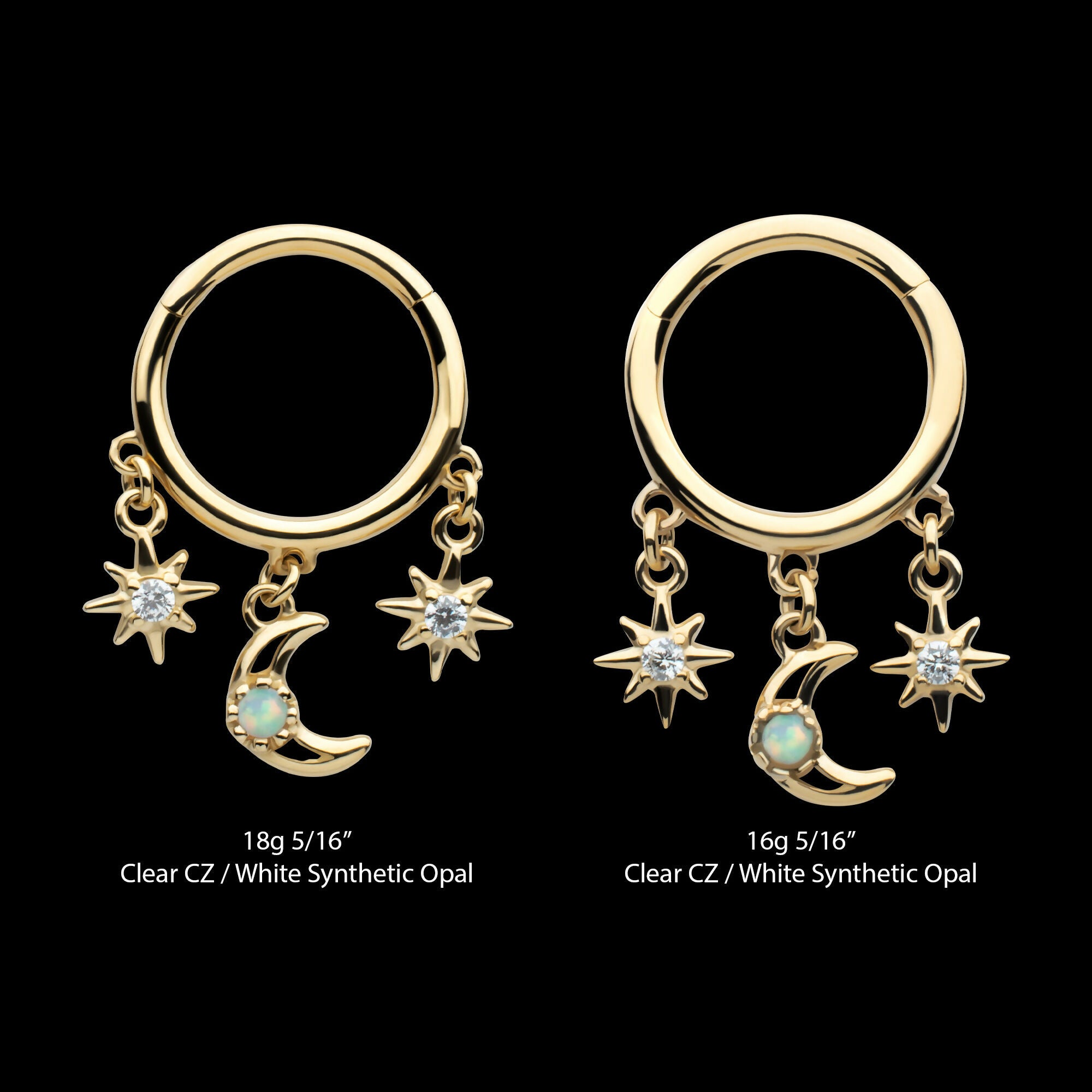 Triple Dangle Charm Clear CZ Stars & Opal Crescent Moon Hinged Segment Clicker Hoop Earring / Nosering – 14Kt Yellow Gold