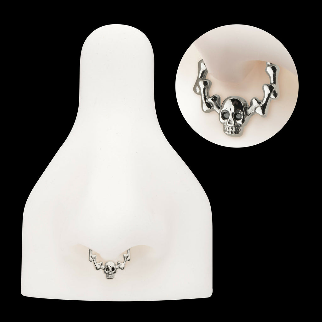 Skull & Bone with Black CZ Gem Eyes Front Facing Hinged Segment Clicker Hoop Earring / Nosering – Titanium