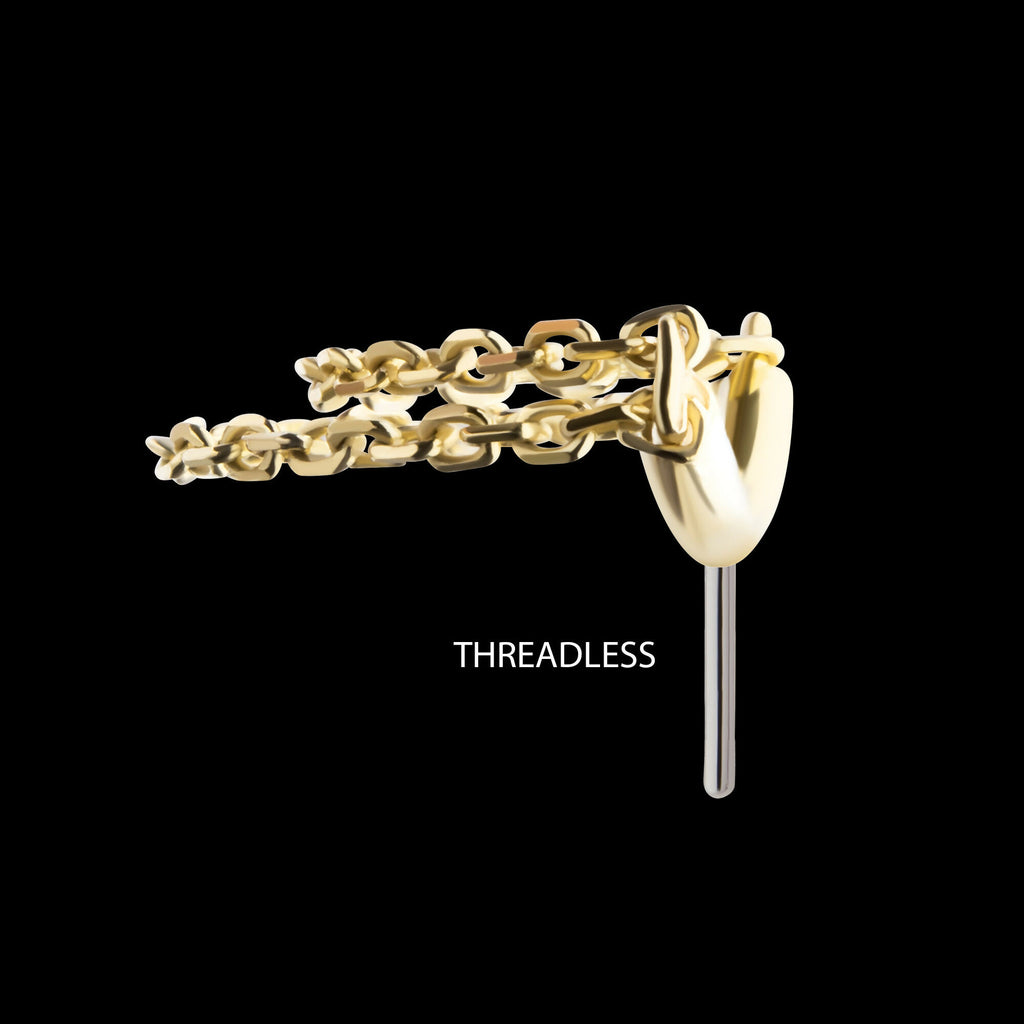 14Kt Gold Threadless Hidden Helix Curved Bar Top with 2-Tier Chain Dangle