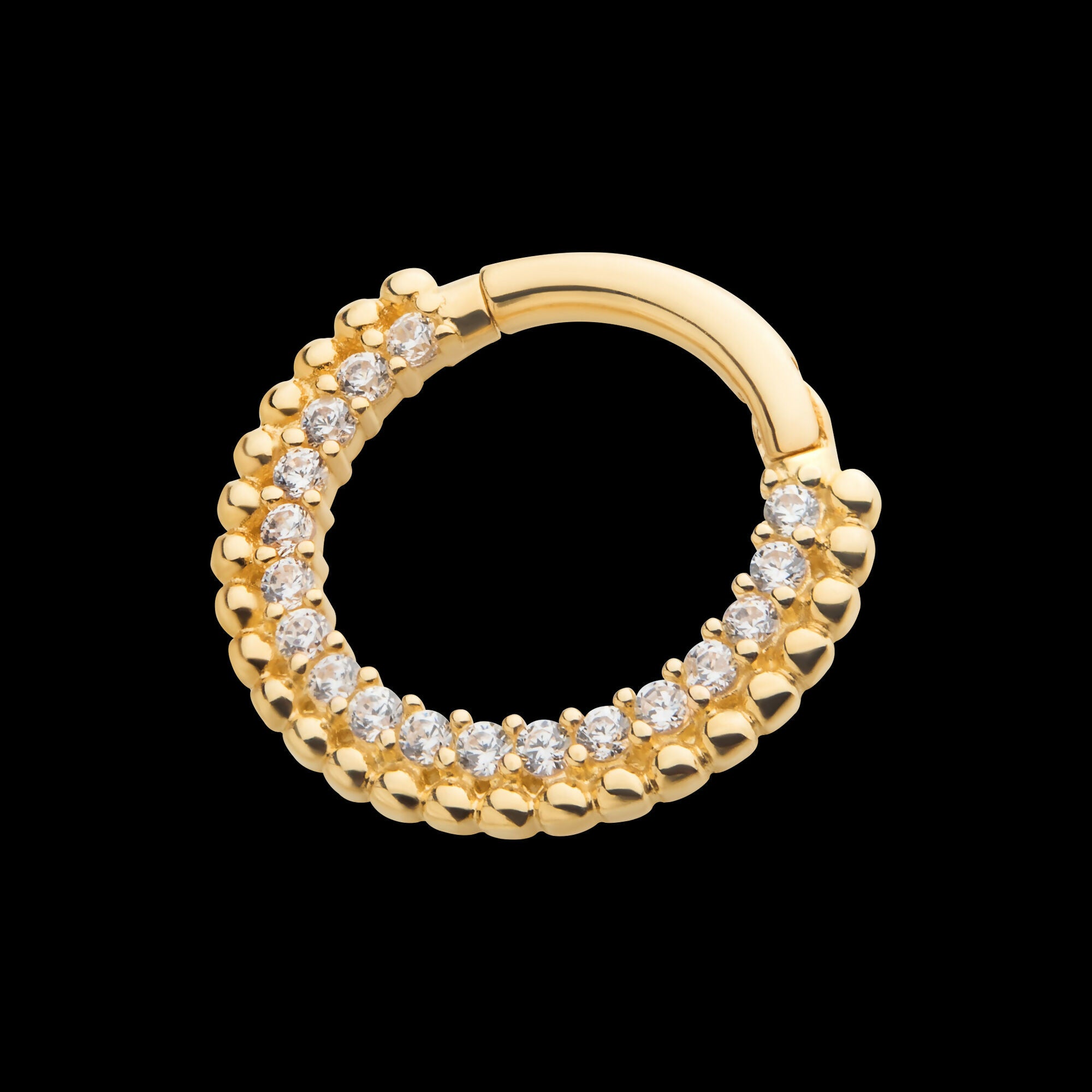 Prong Set Clear CZ Beaded Edge Front Facing Hinged Segment Clicker Hoop Earring / Nosering – 14Kt Yellow Gold