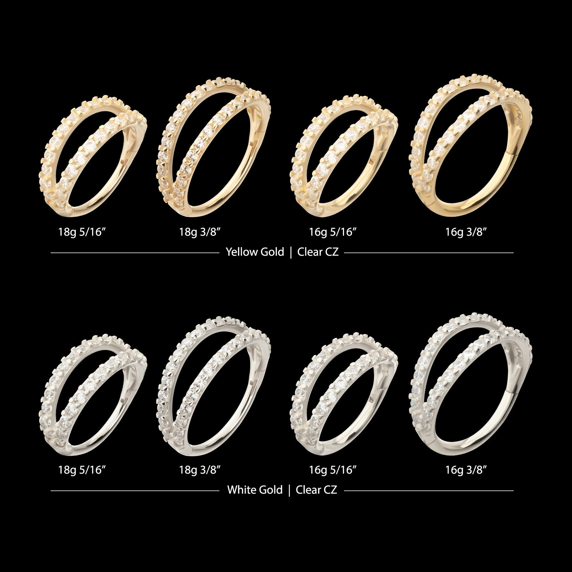 Double Hoop with CNC Set Full Gem Side Facing Hinged Segment Clicker Earring / Nosering – 14Kt Gold