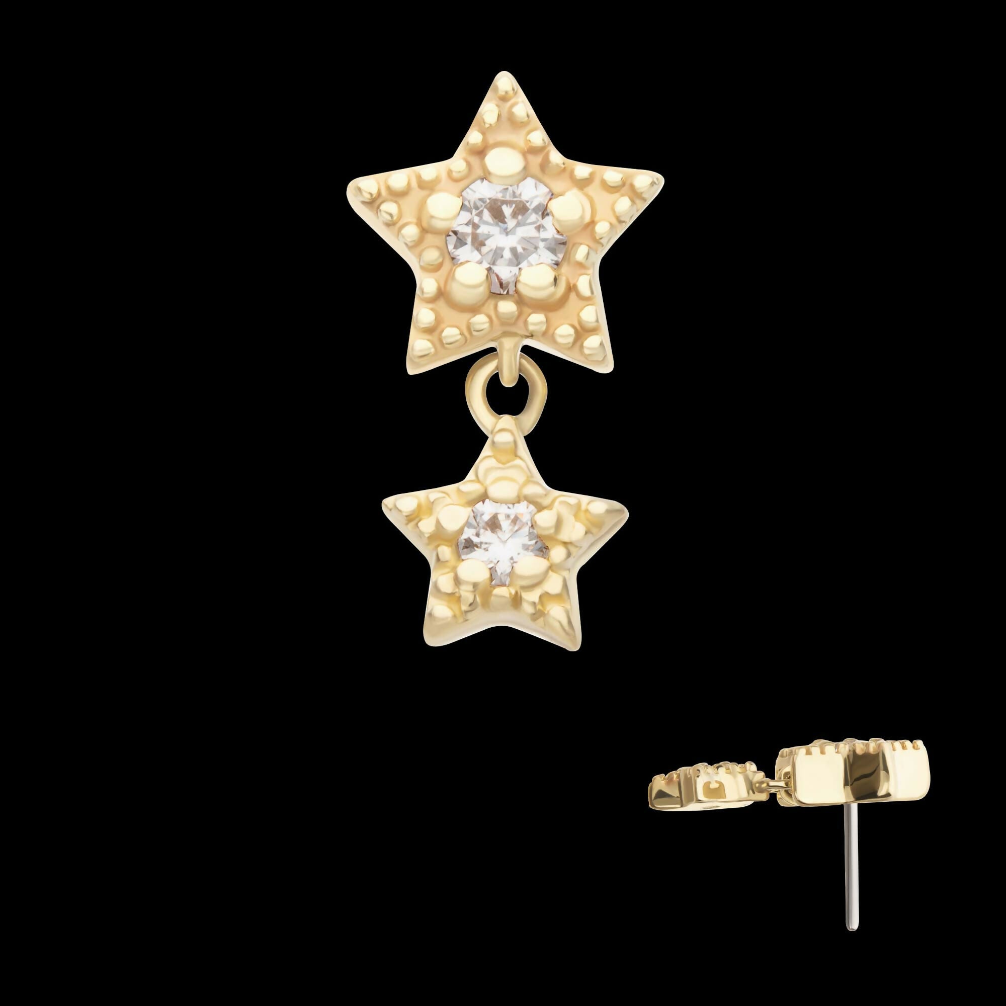 14Kt Yellow Gold Threadless Milgrain Edge Double Star Dangle Top with Prong Set Gem