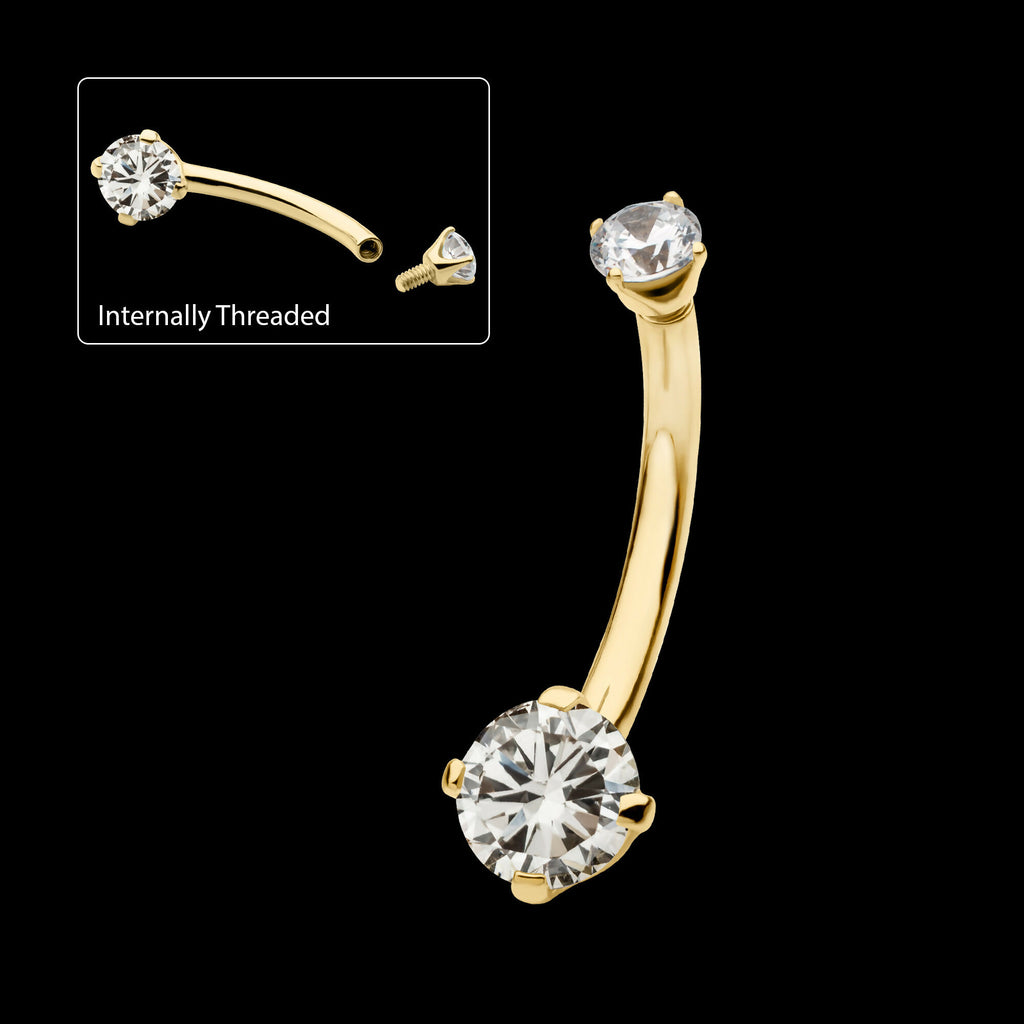Internally Threaded Double Round 4-Prong Clear Lab-Grown Diamonds Fixed Bottom Navel Earring / Nosering – 14Kt Gold
