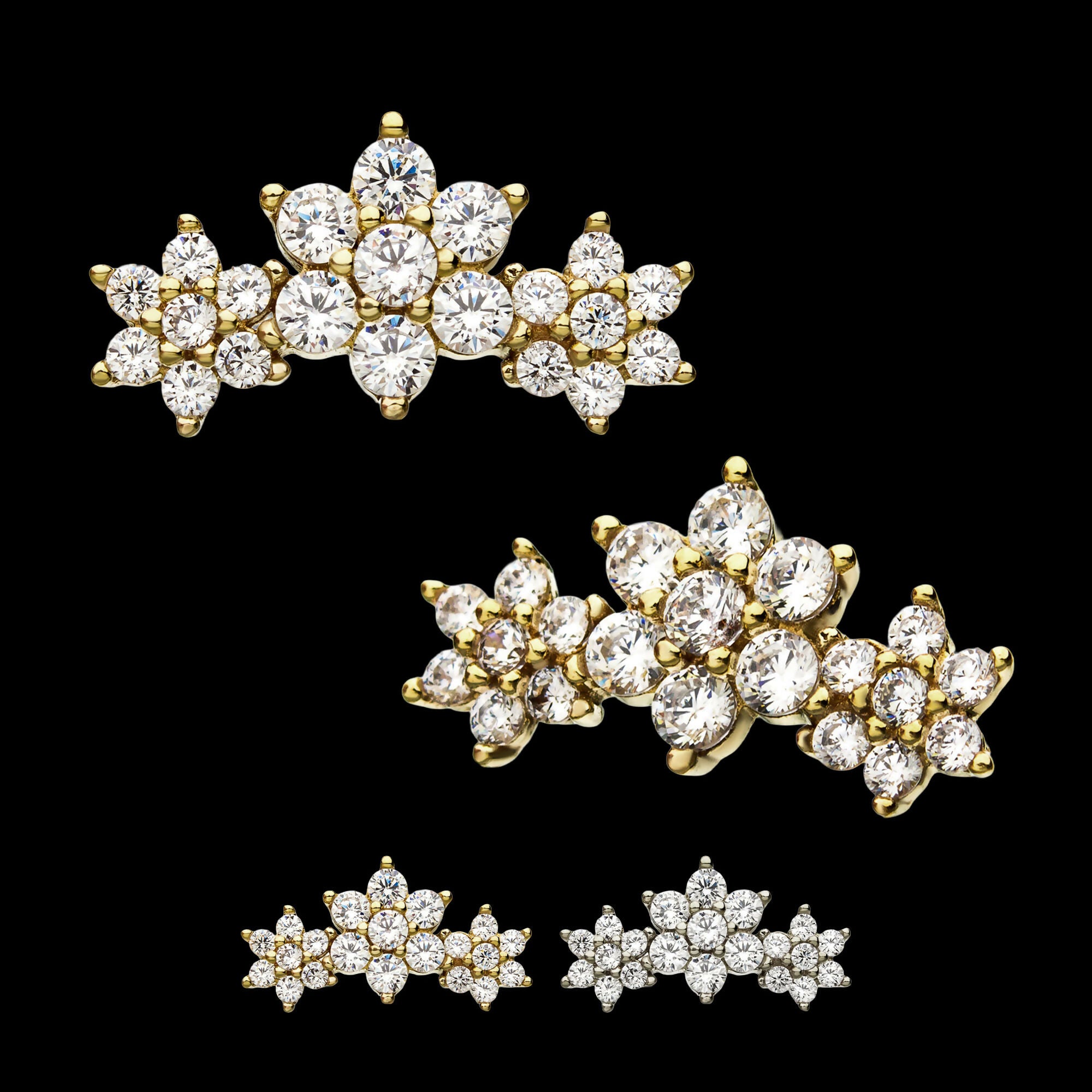 14kt Gold Threadless Prong Set Multi-Clear CZ Tri-Flower Top