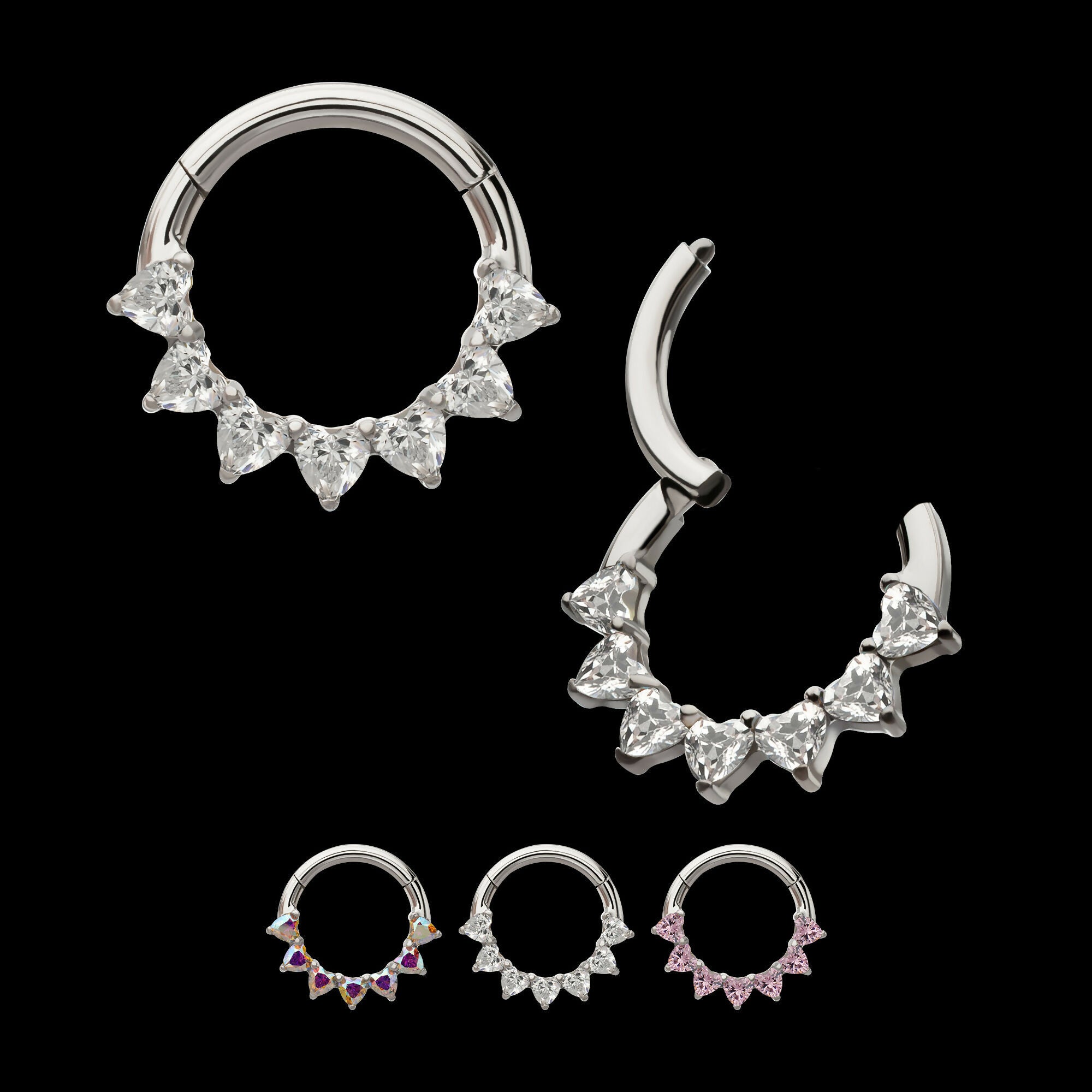 Seven Heart-Cut Gem Front Facing Hinged Segment Clicker Hoop Earring / Nosering – Titanium
