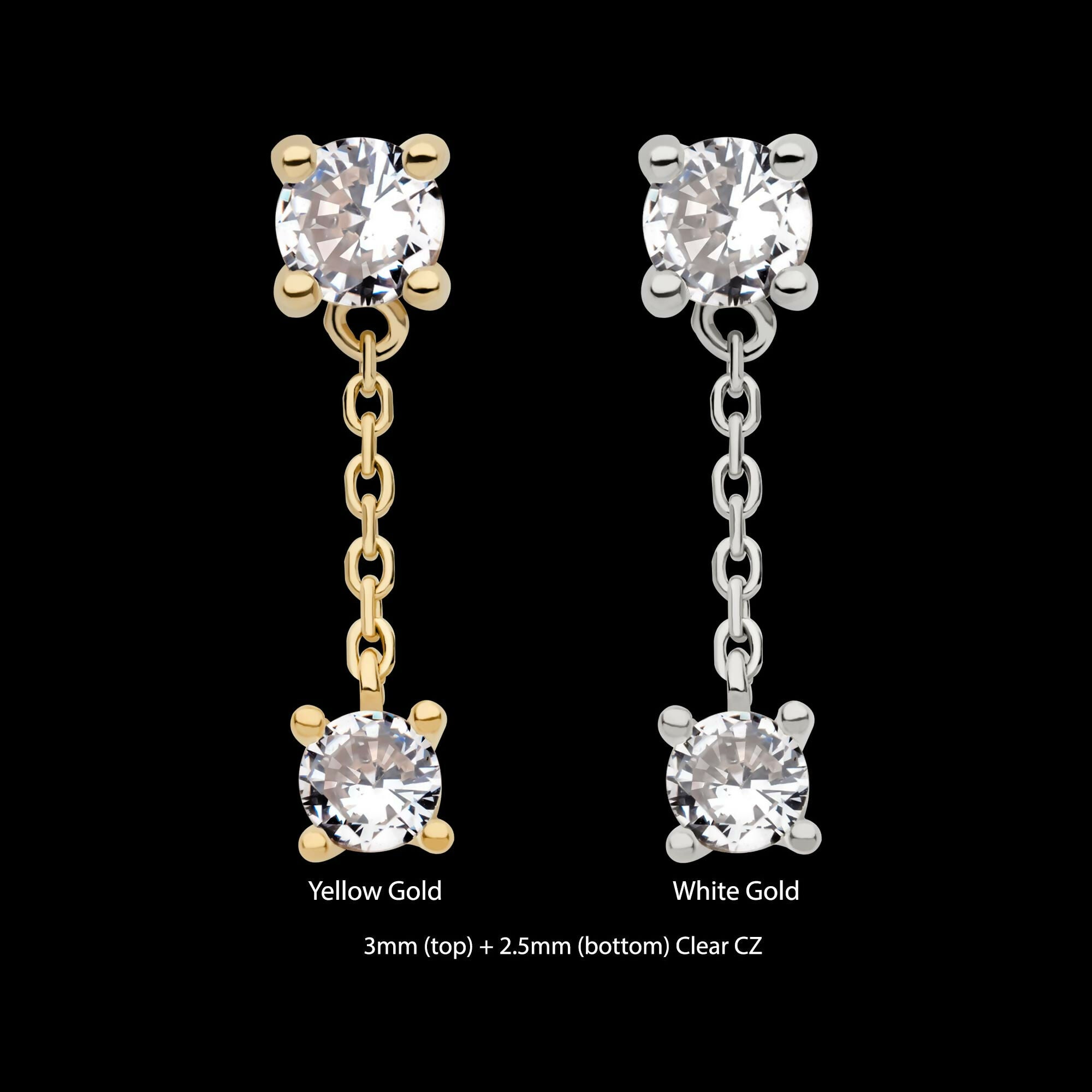 14Kt Gold Threadless Double Prong Set Round CZ with Dangle Chain Top