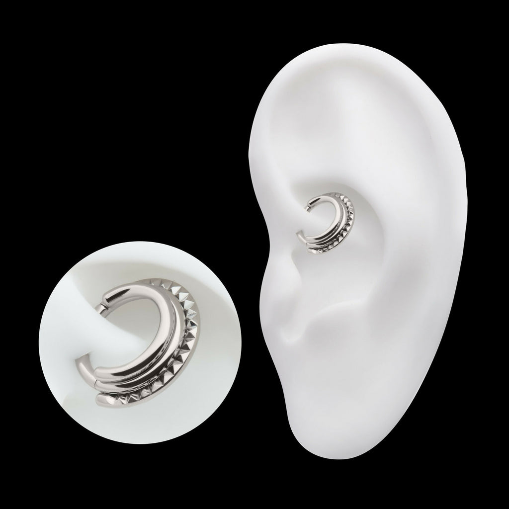 Terraced Triple Stack with Pyramid Stud Front Facing Hinged Segment Clicker Hoop Earring / Nosering – Titanium