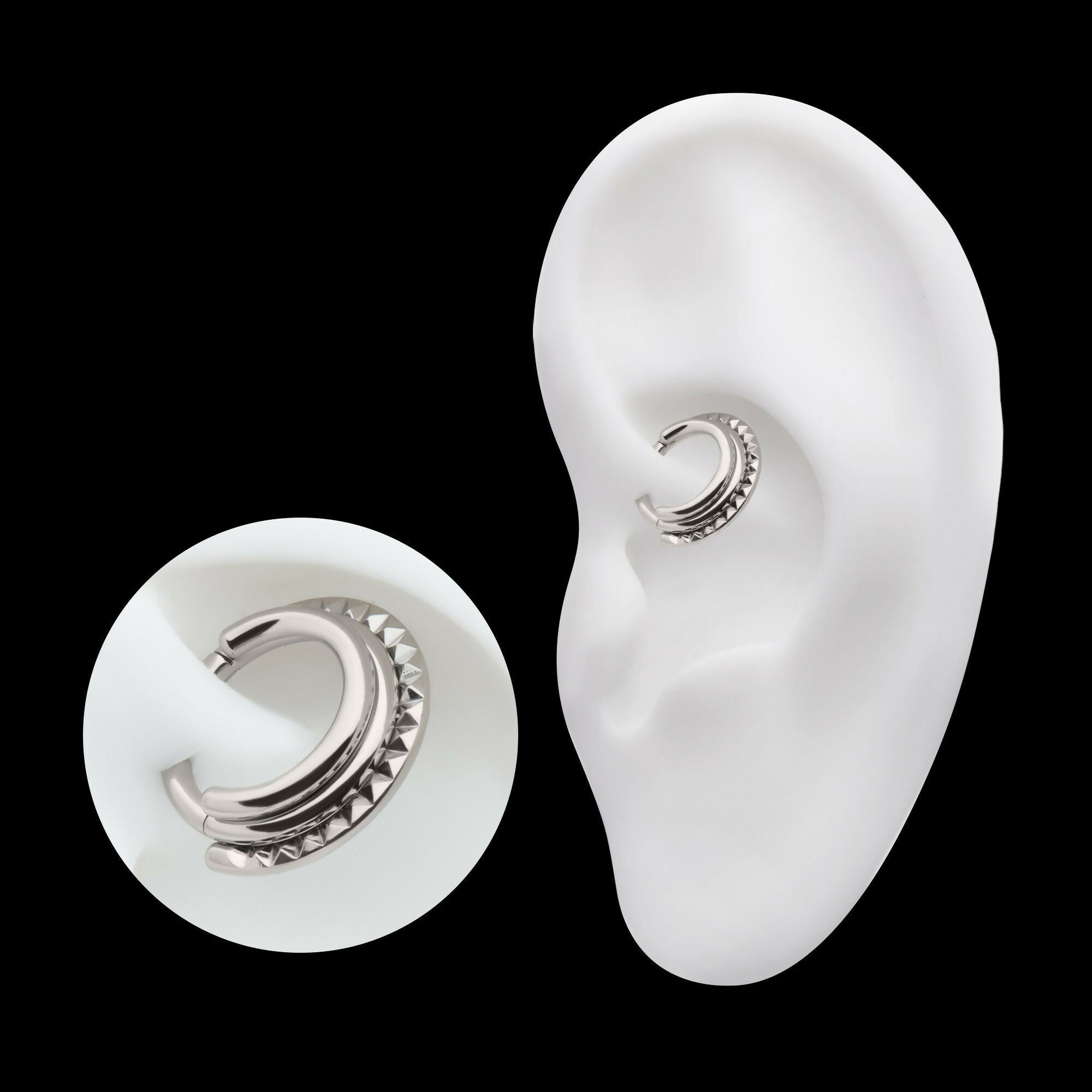 Terraced Triple Stack with Pyramid Stud Front Facing Hinged Segment Clicker Hoop Earring / Nosering – Titanium