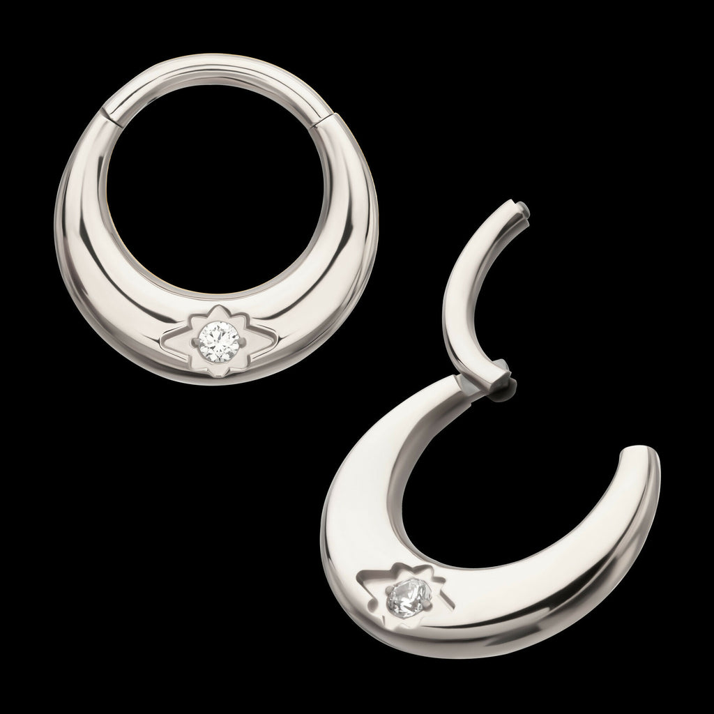 Etched Design with Prong Set Gem Sleek Dome Septum Front Facing Hinged Segment Clicker Hoop Earring / Nosering – Titanium