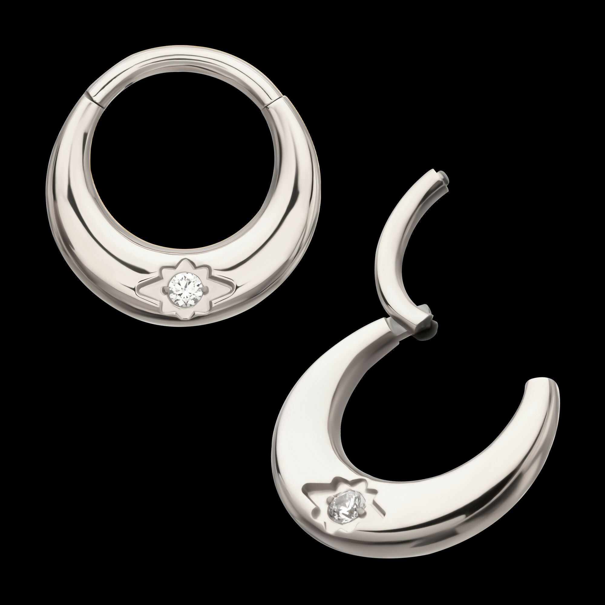 Etched Design with Prong Set Gem Sleek Dome Septum Front Facing Hinged Segment Clicker Hoop Earring / Nosering – Titanium