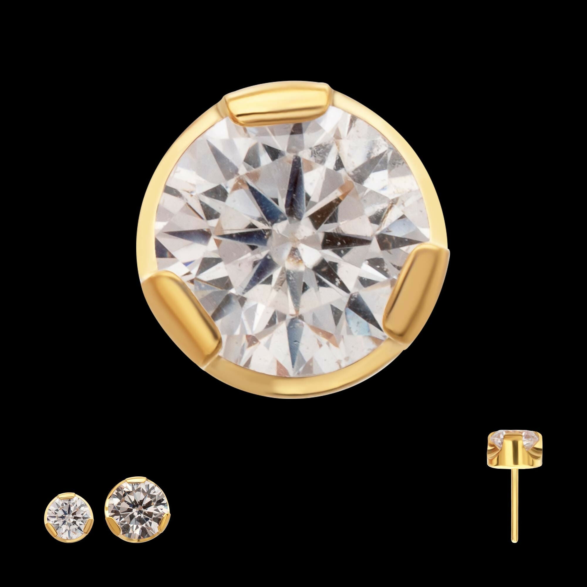 24Kt Gold PVD Titanium Threadless Semi-Bezel Set CZ Gem Top