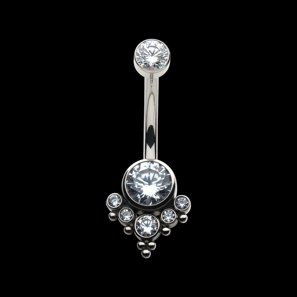 Internally Threaded with Tri Bead Bezel Set CZ Terraced Cluster Navel Curve Earring / Nosering – Titanium