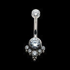 Internally Threaded with Tri Bead Bezel Set CZ Terraced Cluster Navel Curve Earring / Nosering – Titanium
