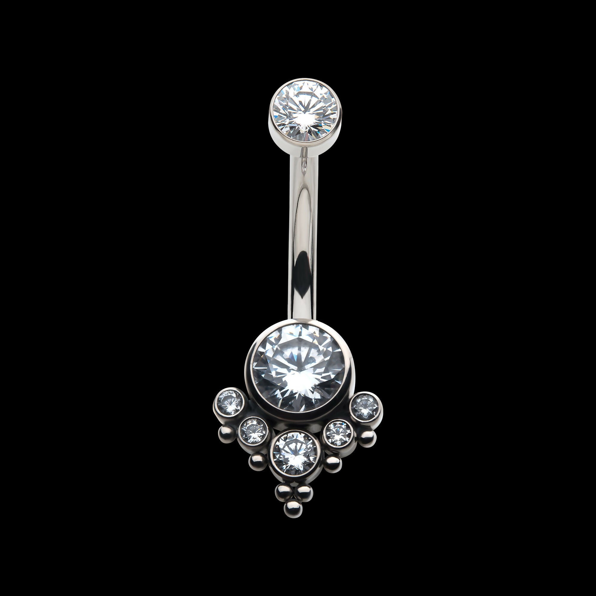 Internally Threaded with Tri Bead Bezel Set CZ Terraced Cluster Navel Curve Earring / Nosering – Titanium