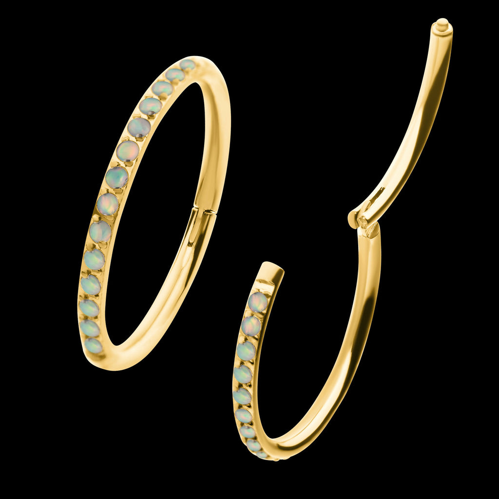 24KT Gold PVD Titanium CNC Set White Opal Eternity Side Facing Hinged Segment Clicker Hoop Earring / Nosering