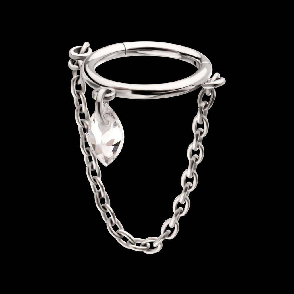 Chain Dangle Hinged Segment Clicker with Floating Marquise CZ Gem Hoop Earring / Nosering – Titanium