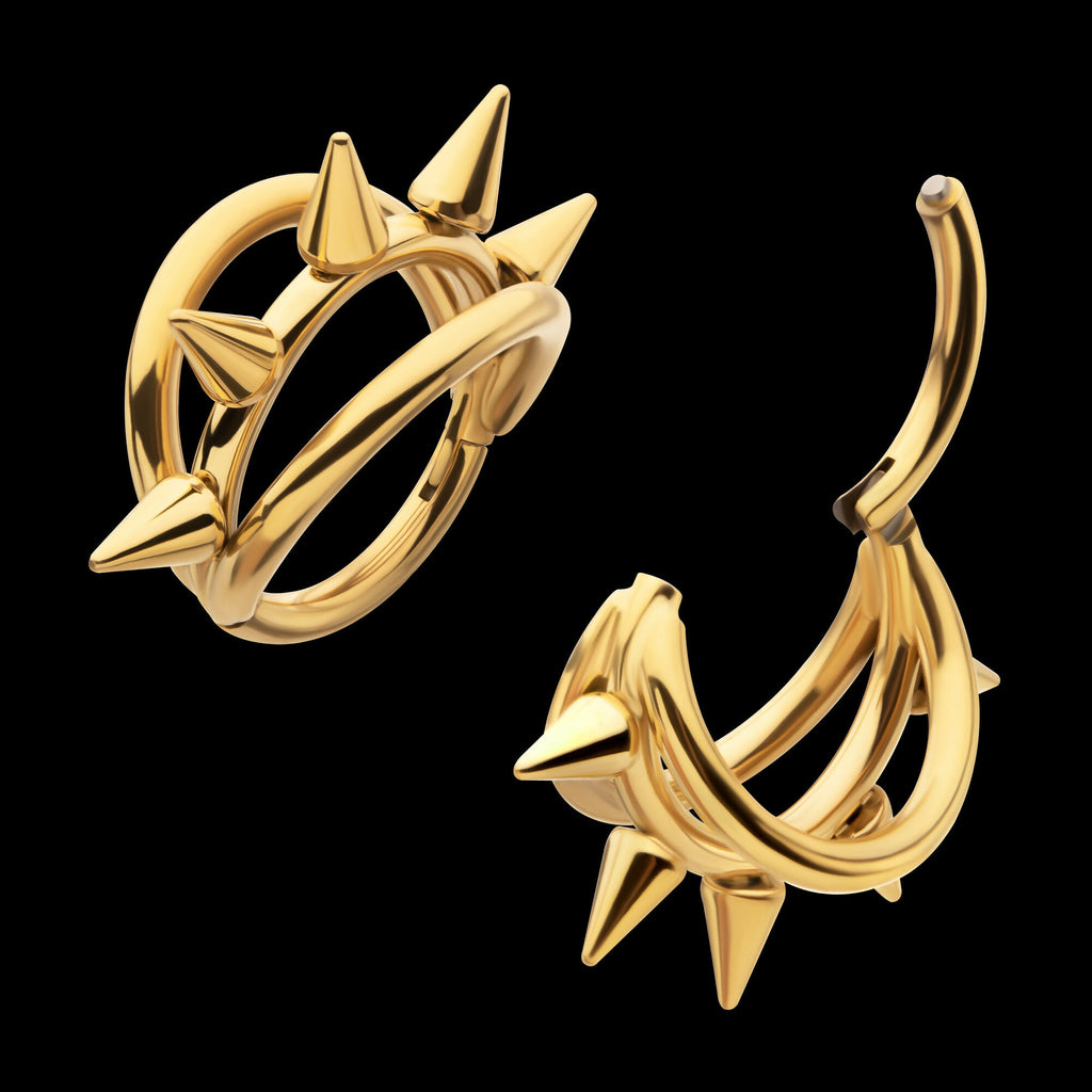 24Kt Gold PVD Titanium Five-Spiked Open Stack Triple Hoop Hinged Segment Clicker Earring / Nosering