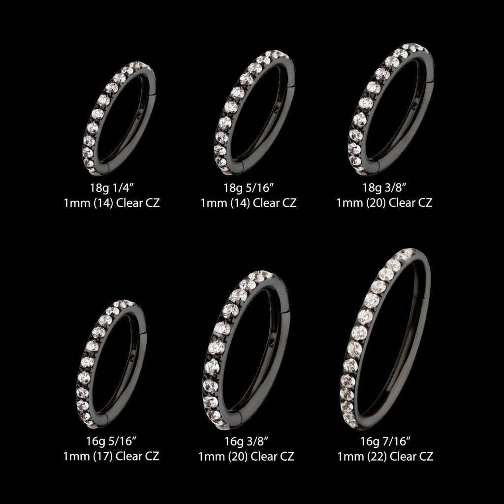 Black PVD Titanium CNC Set Clear CZ Eternity Side Facing Hinged Segment Clicker Hoop Earring / Nosering