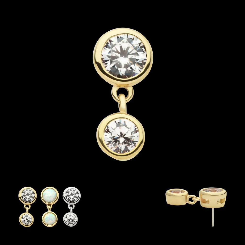 14Kt Gold Threadless Double Bezel Set Round CZ Dangle Top