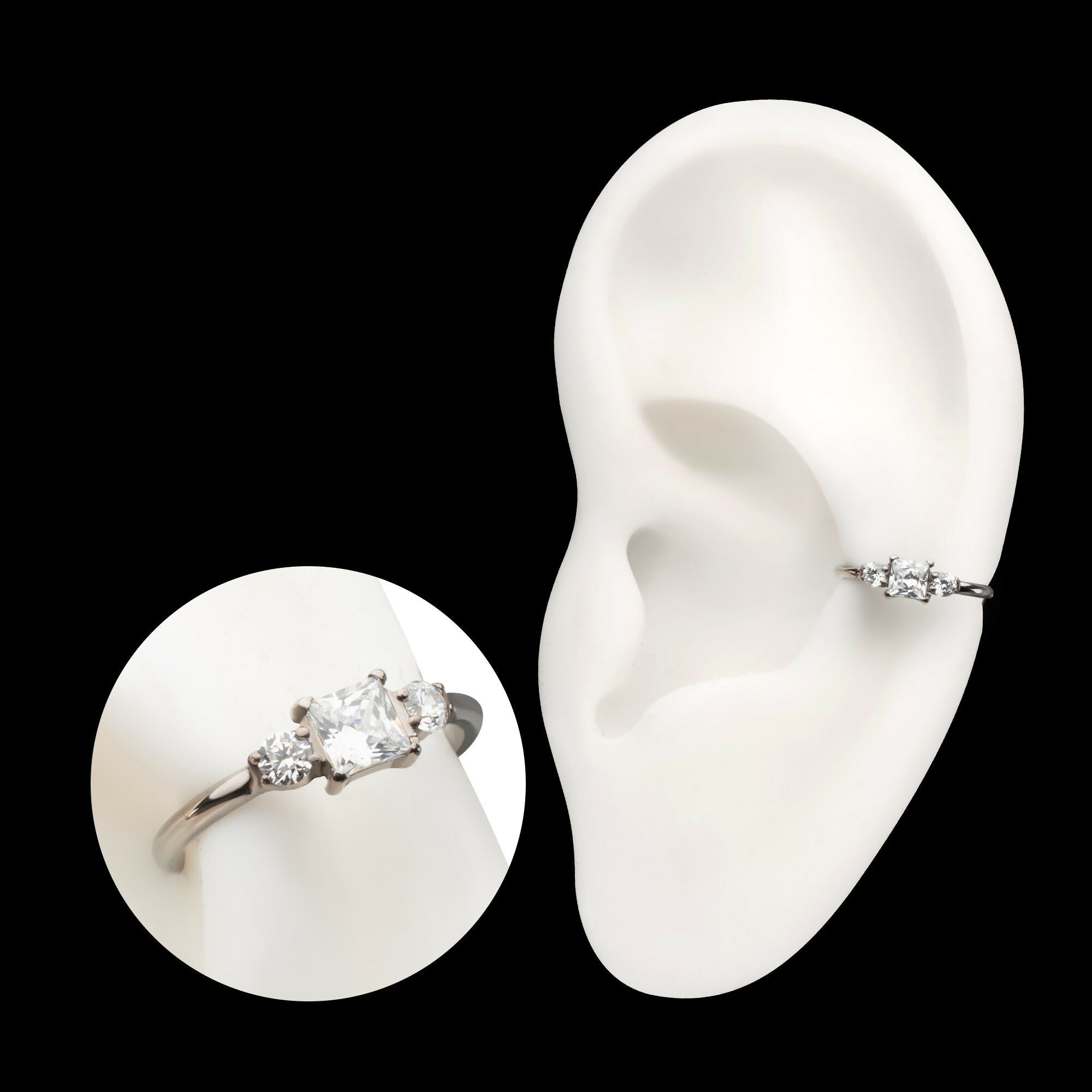 Linear Princess & Round Trio Gem Side Facing Hinged Segment Clickers Hoop Earring / Nosering – Titanium