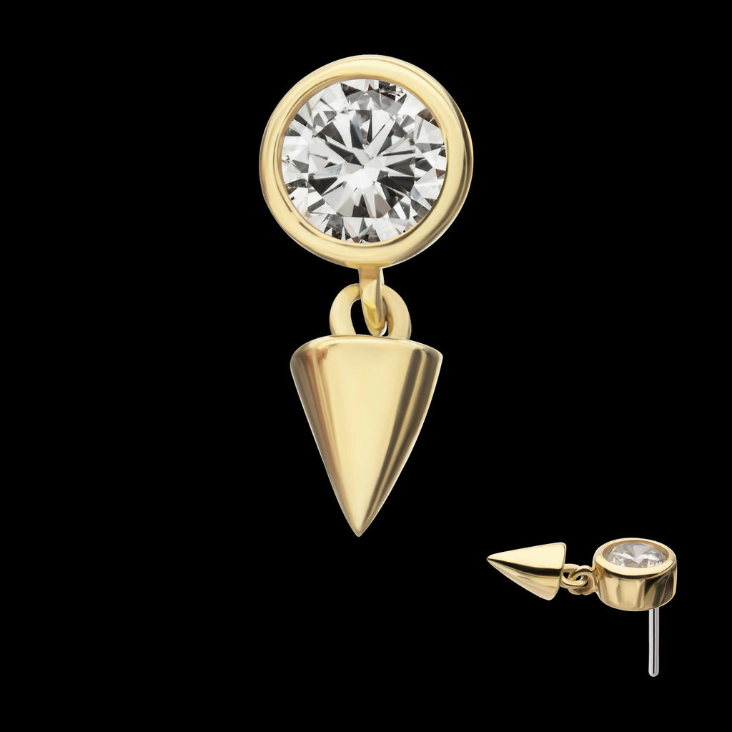 14Kt Yellow Gold Threadless Bezel Set Round Gem Top with Spike Dangle
