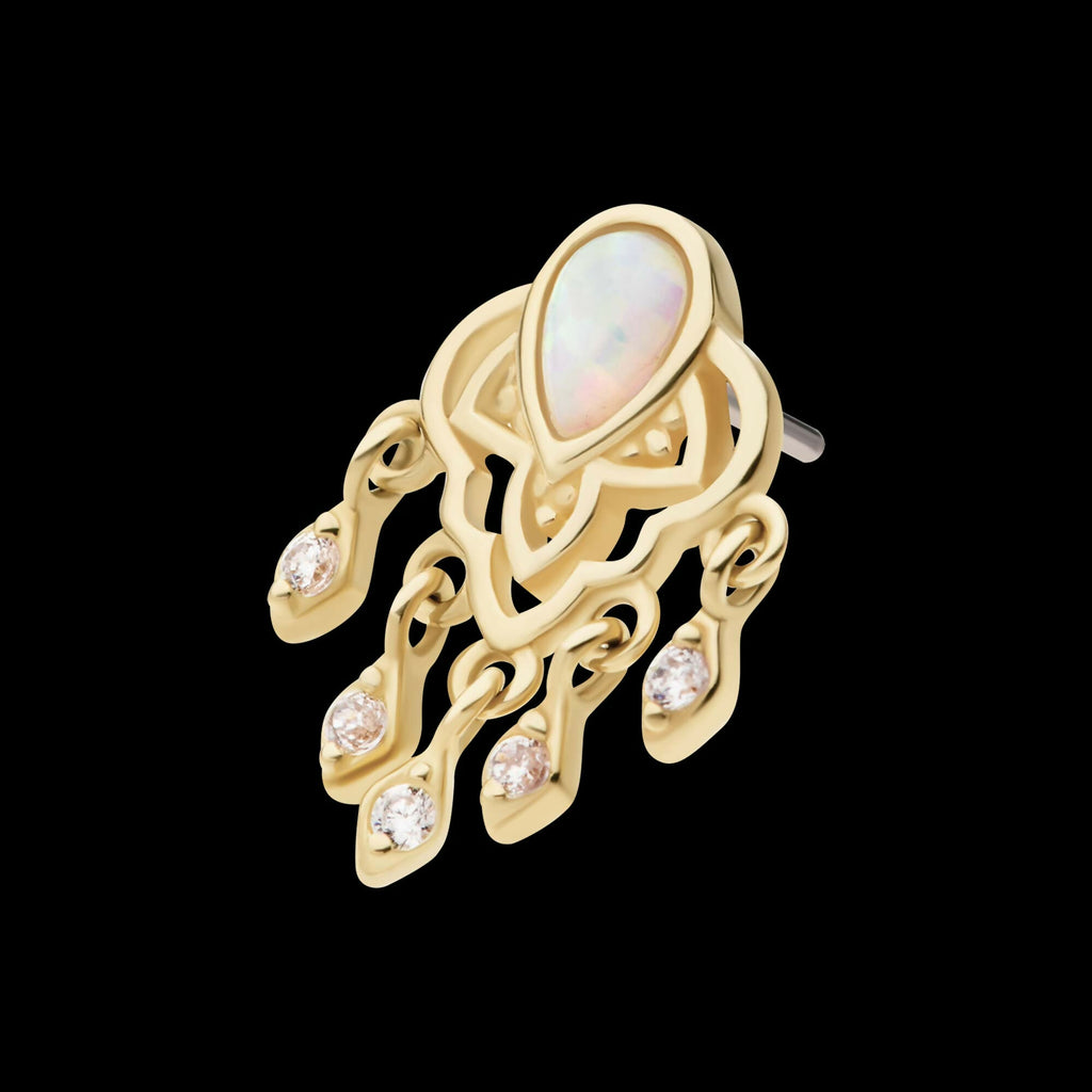 14Kt Yellow Gold Threadless Bezel Set Teardrop & Round Gem/Opal Mandala Dangle Top