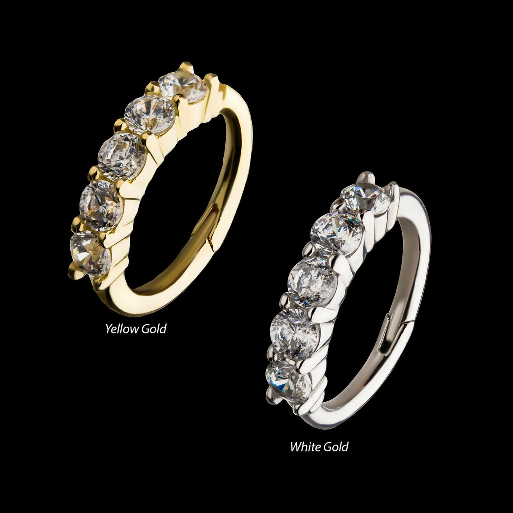 Prong Set 5-Clear CZ Gem on Top Hinged Segment Clicker Hoop Earring / Nosering – 14Kt Gold